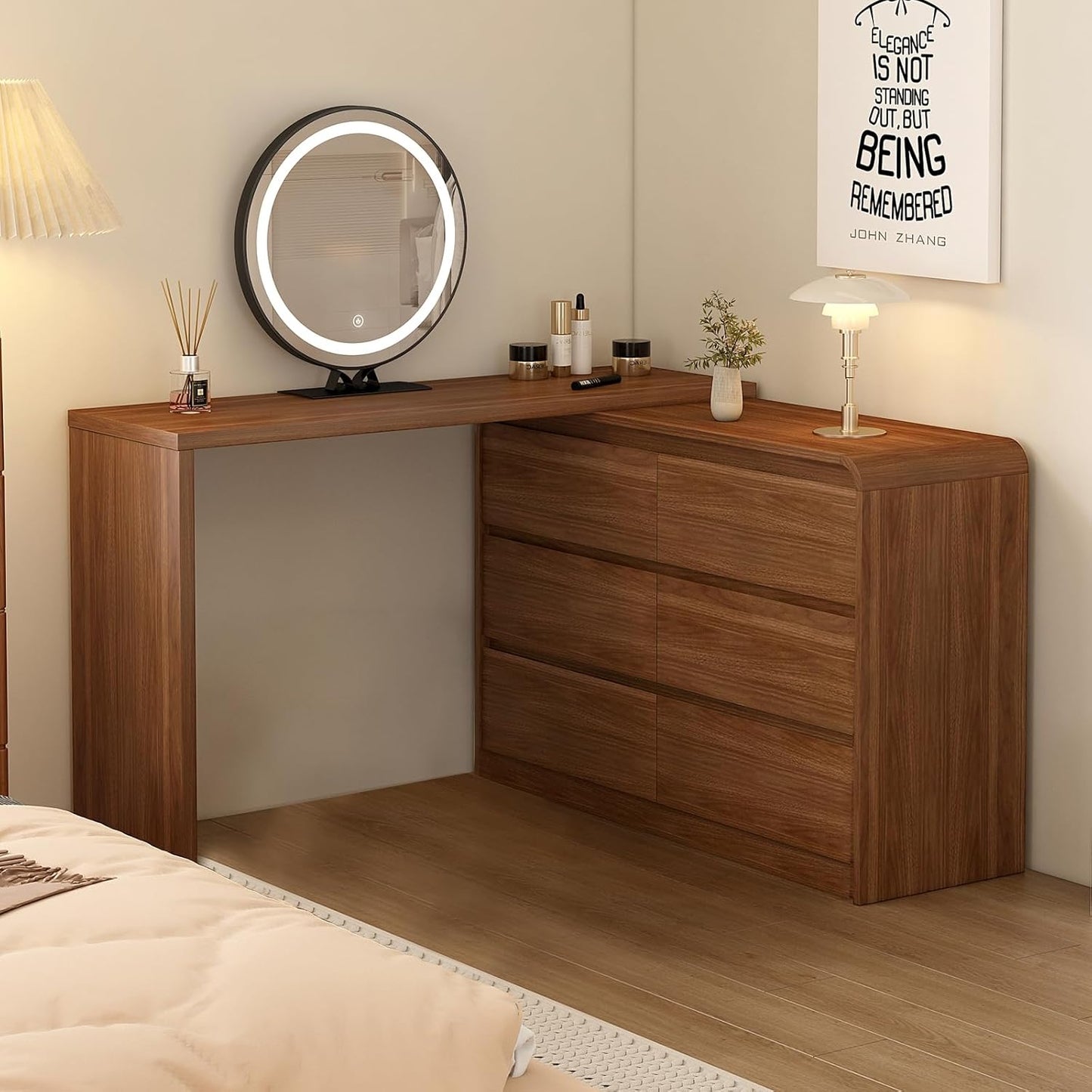 Makeup Vanity Desk with Touch Screen Mirror, Bedroom Elegant Dressing Table for Women with 6-Drawer Rounded Corners Storage Cabinet, 50-94 in Adjustable Sturdy Vanity Table Set with Chair, Brown