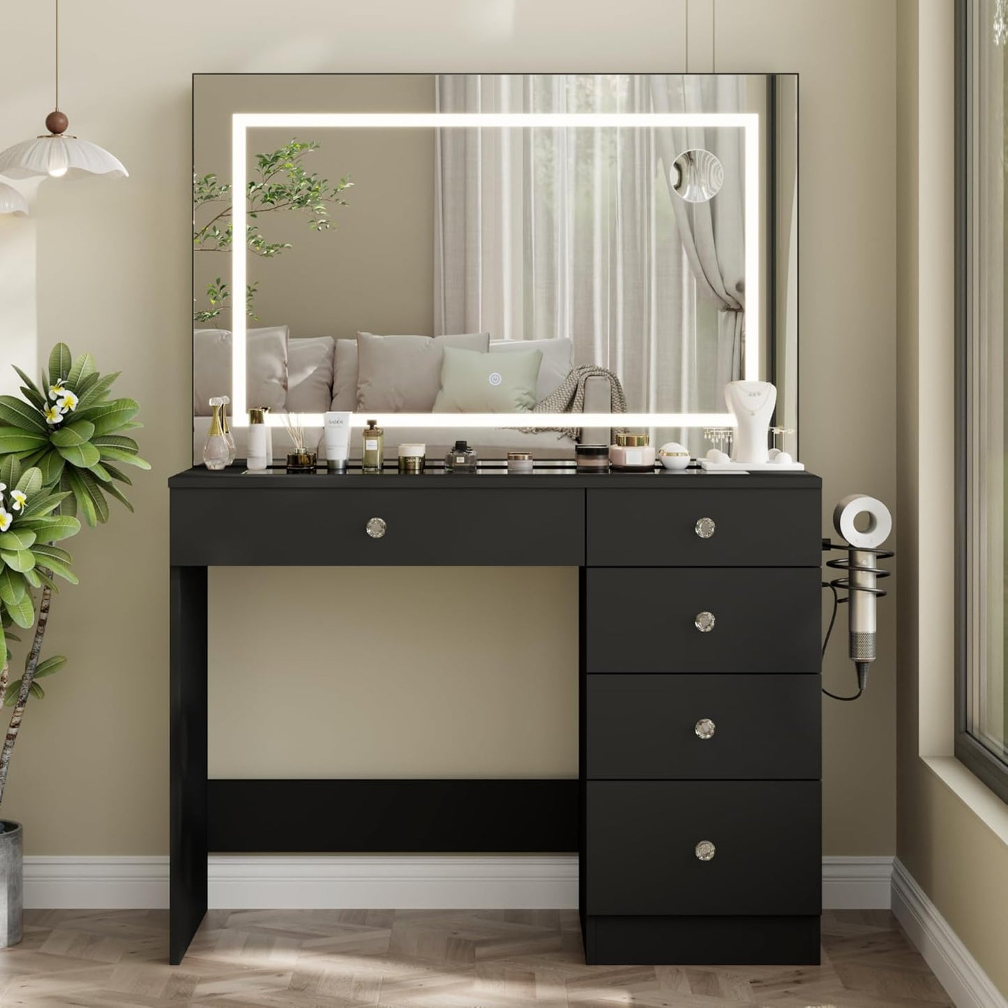 Vanity Desk with Mirror and Lights, 11 Drawers Makeup Vanity Desk with Tempered Glass top, 3 Lighting Modes Adjustable Brightness, White Vanity with Magnetic 5X Magnifier for Bedroom