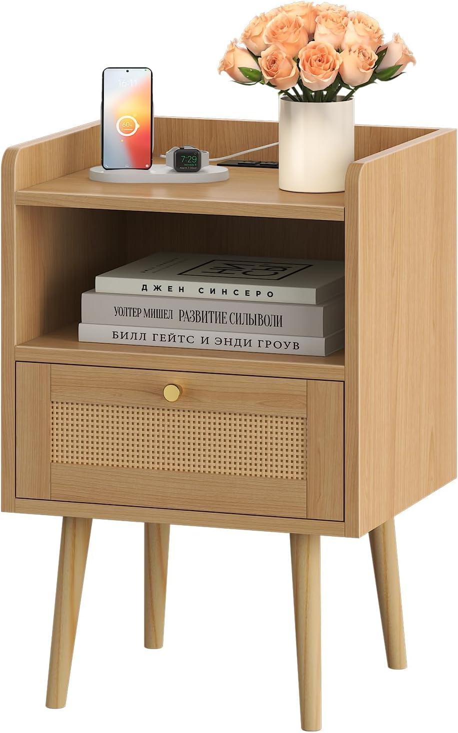 Rattan Nightstand with Charging Station, Mid Century Modern Bed Side Table, Boho End Table with Wood Legs, Bedside Tables for Farmhouse Bedroom Living Room Dorm Sofa Couch Office Corner (2, Natural)