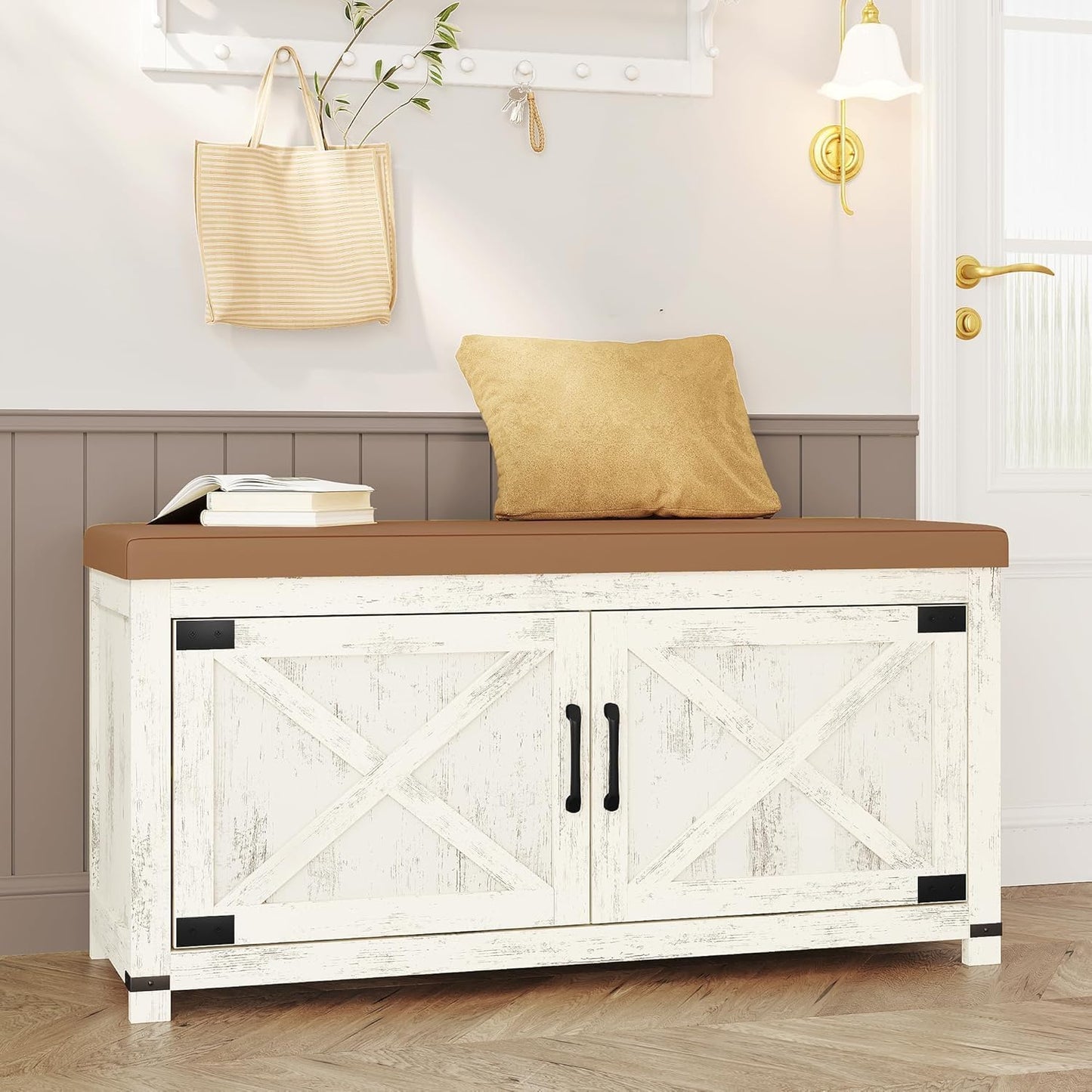 Farmhouse Shoe Storage Bench, 2 Tier Shoe Bench with Padded Seat Cushion & 4 Barn Doors, 59" Entryway Bench with Adjustable Shelf, Shoe Cabinet for Living Room, Bedroom, White SB31503GY