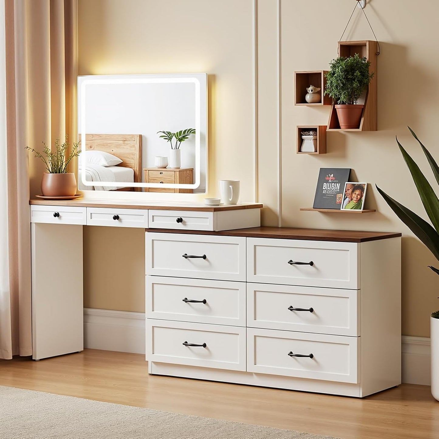 Vanity Desk with Mirror and Lights, Vanity Dresser Combo, Farmhouse Makeup Vanity with 9 Drawers, Glass Top Corner Vanity Dressing Table, Extendable Big Dressing Table Set for Bedroom, White