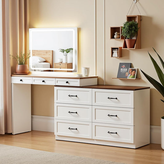 Vanity Desk with Mirror and Lights, Vanity Dresser Combo, Farmhouse Makeup Vanity with 9 Drawers, Glass Top Corner Vanity Dressing Table, Extendable Big Dressing Table Set for Bedroom, White