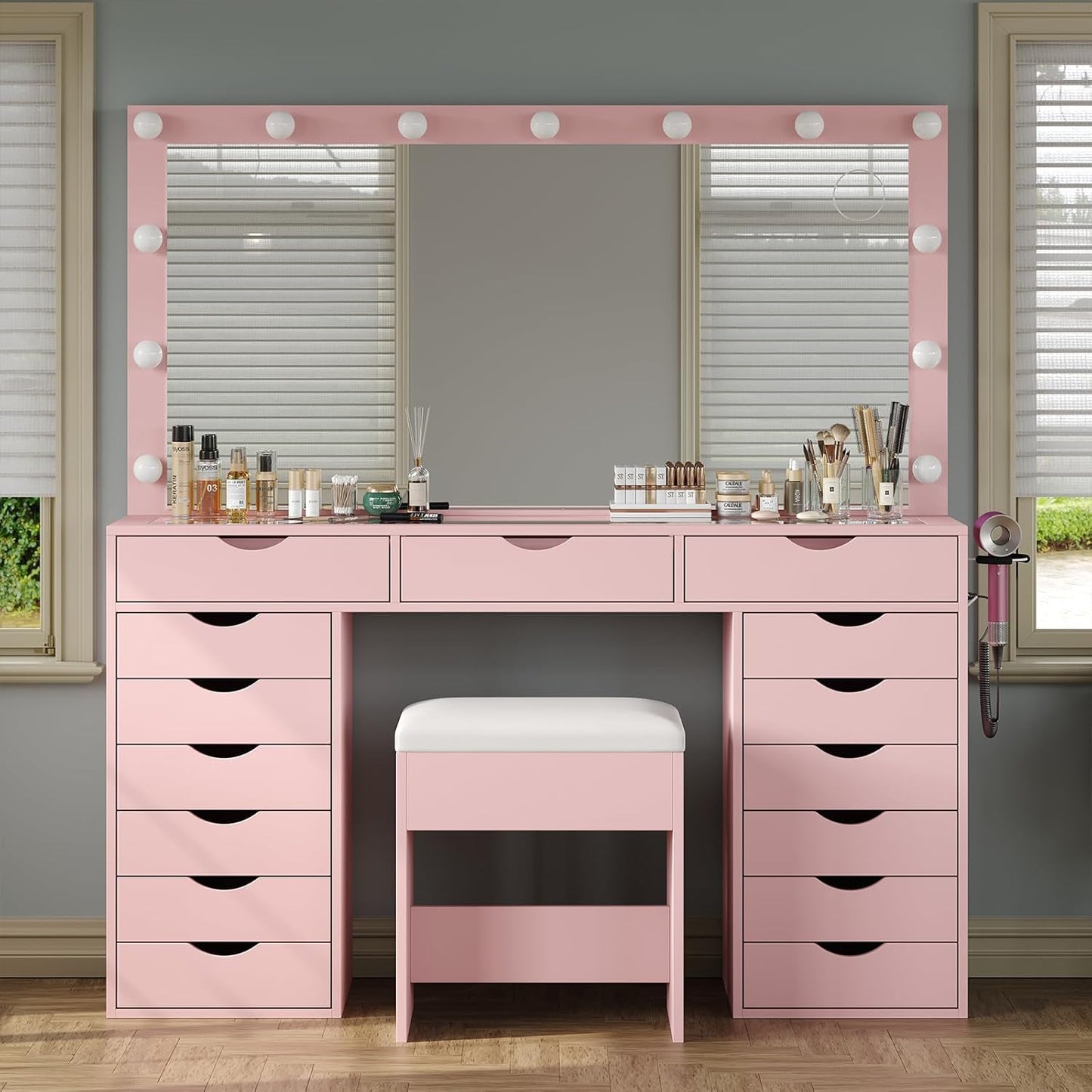 Vanity Desk with Mirror and Lights, Makeup Table with Charging Station, 3 Color Lighting Modes, 15 Drawers Dressing Table, Vanity with Chair for Bedroom, White