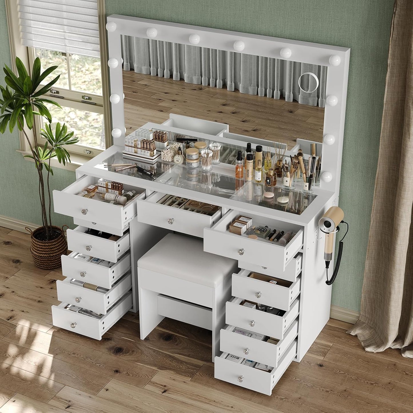 13 Drawers Vanity Desk, 47''W Makeup Vanity with Power Outlet, Vanity Table with Mirror and 12 LED Bulbs, 3 Color Lighting Modes, Glass Top, Dressing Table for Bedroom (White)