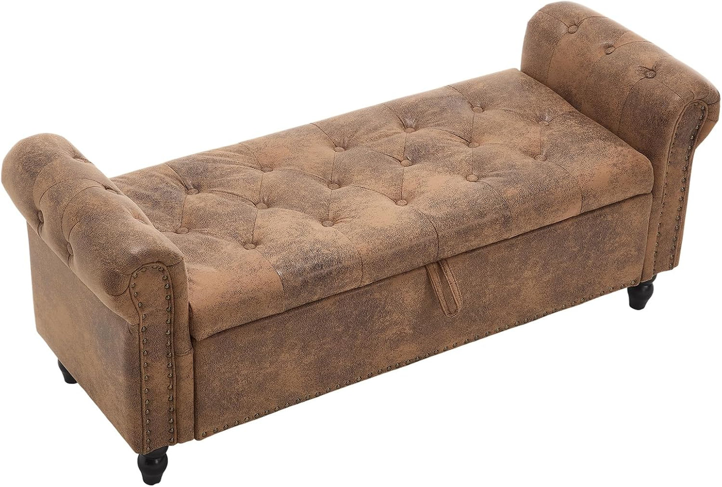 Furniliving Storage Ottoman Bench, Leather Benches End of Bed Bench with Solid Wood Legs Upholstered Ottoman Bench with Storage Indoor Bench for Living Room with Rolled Arm, Entryway, YellowBrown