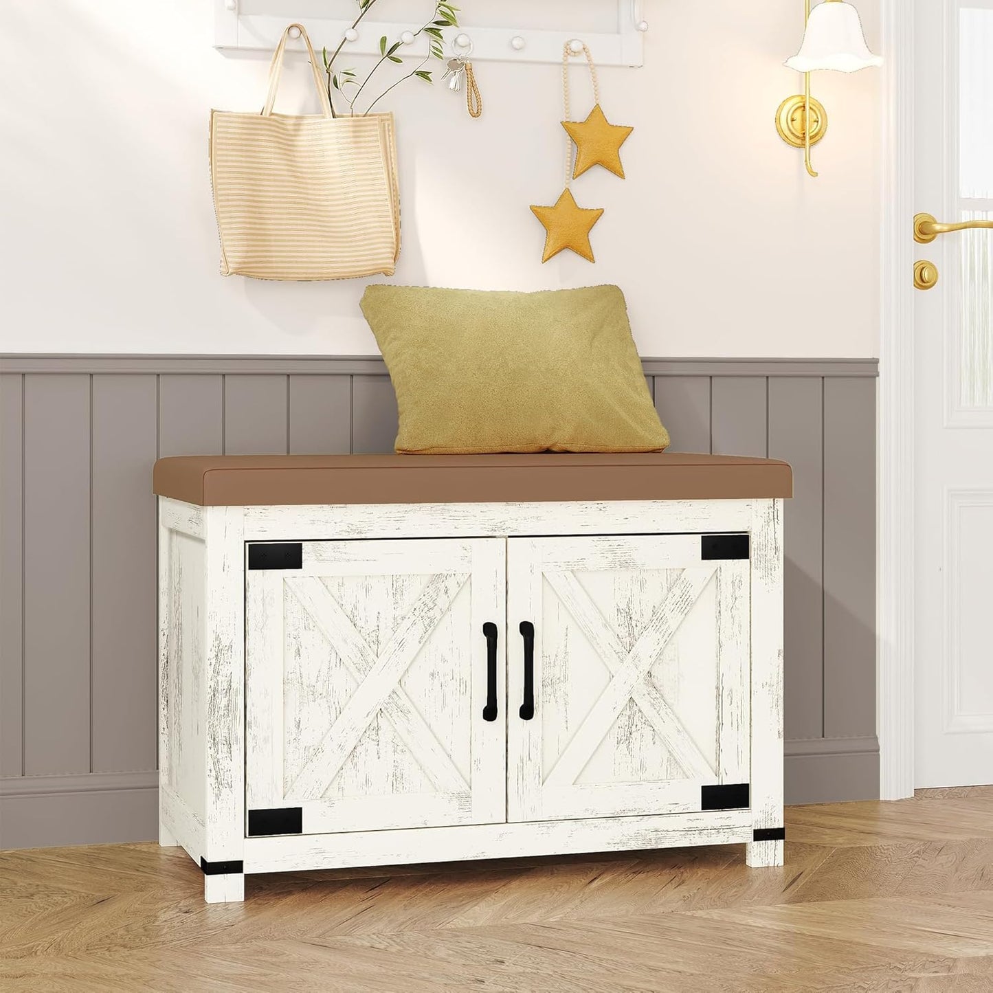 Farmhouse Shoe Storage Bench, 2 Tier Shoe Bench with Padded Seat Cushion & 4 Barn Doors, 59" Entryway Bench with Adjustable Shelf, Shoe Cabinet for Living Room, Bedroom, White SB31503GY
