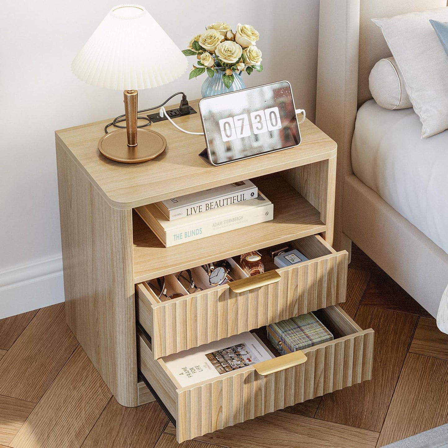 IRONCK Fluted Night Stand Set of 2, Modern Nightstand with Charging Station, Drawers and Open Shelves - Bedside Table Wood Side Table Set for Bedroom