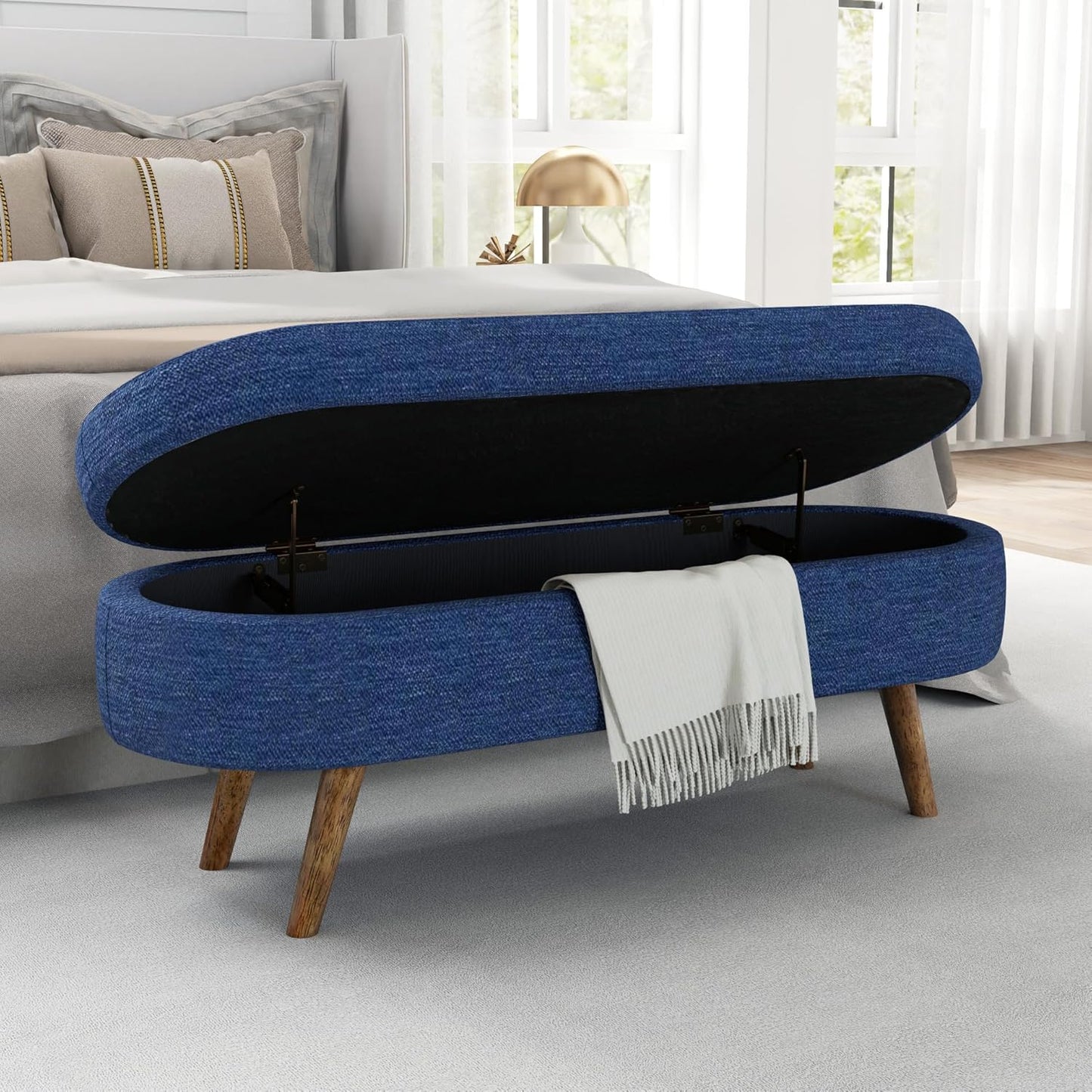 Oval Storage Bench 43.5" Linen Fabric Upholstered Entryway Bench with Solid Wood Legs Ottoman Bench Indoor Bench for Living Room/Bedroom/End of Bed/Entryway (Dark Green)