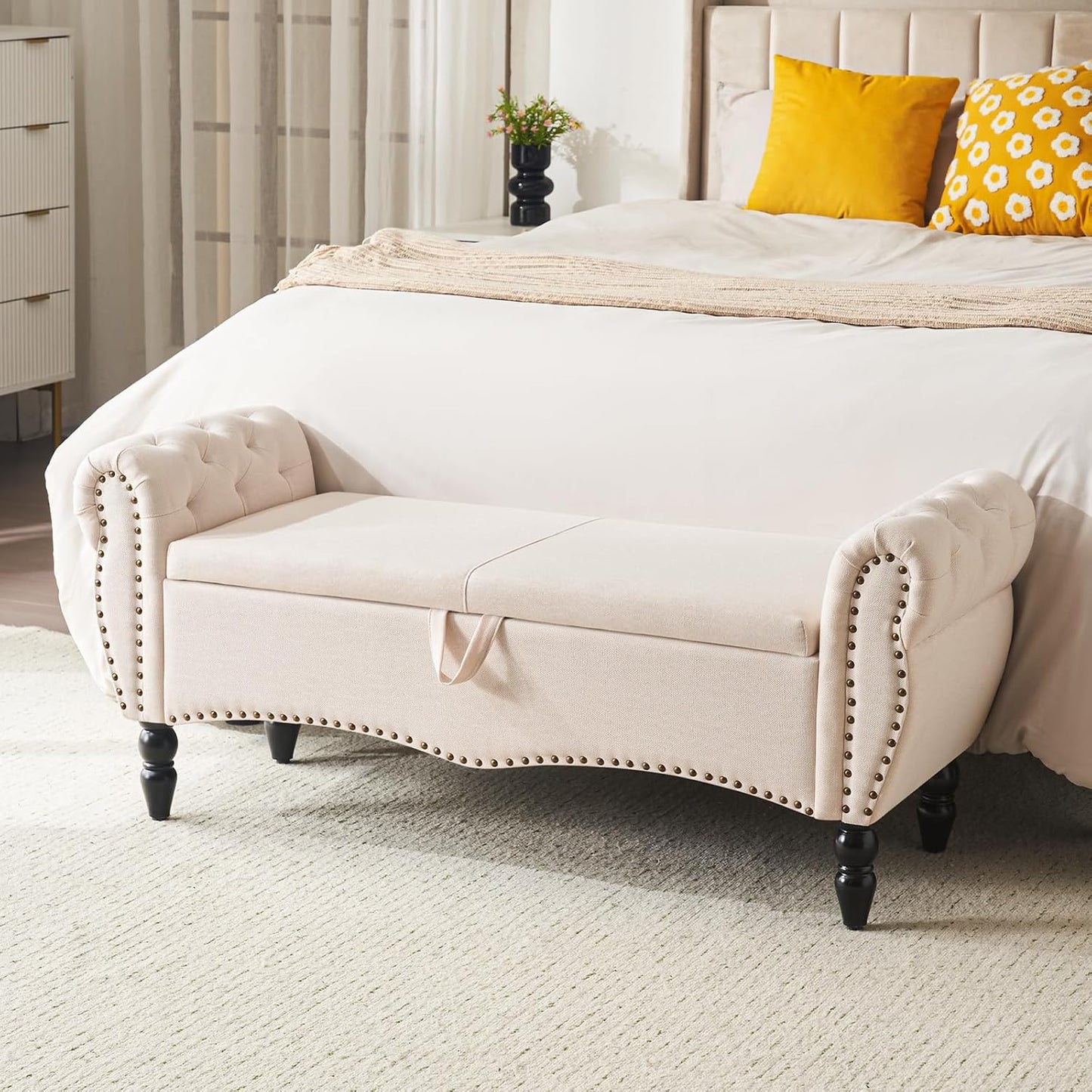 Furniliving Storage Ottoman Bench, Leather Benches End of Bed Bench with Solid Wood Legs Upholstered Ottoman Bench with Storage Indoor Bench for Living Room with Rolled Arm, Entryway, YellowBrown