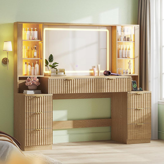 Big Vanity, 59.1" Fluted Wood Makeup Vanity Desk with Mirror and Sound Sync LED Lights, Large Vanity Dressing Table, 8 Drawers, 2 Glass Cabinets, with Charging Station for Girls, Women, Oak
