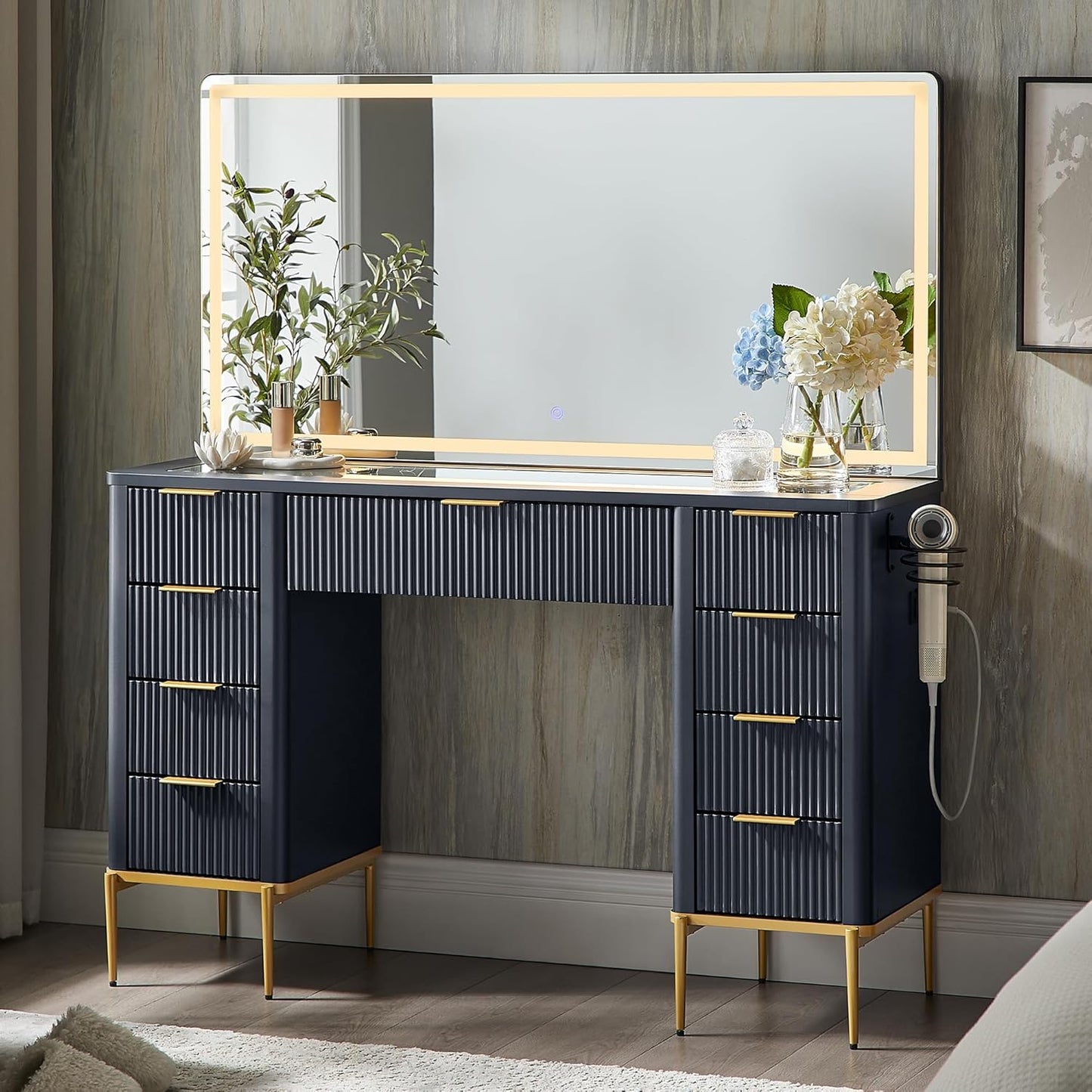 T4TREAM 48" Fluted Makeup Vanity Desk with 48" Large Mirror and HD Lights, Modern Vanity Table with 9 Drawers & Charging Station, Glass Top and Golden Handles Dressing Table for Bedroom,Natural Oak