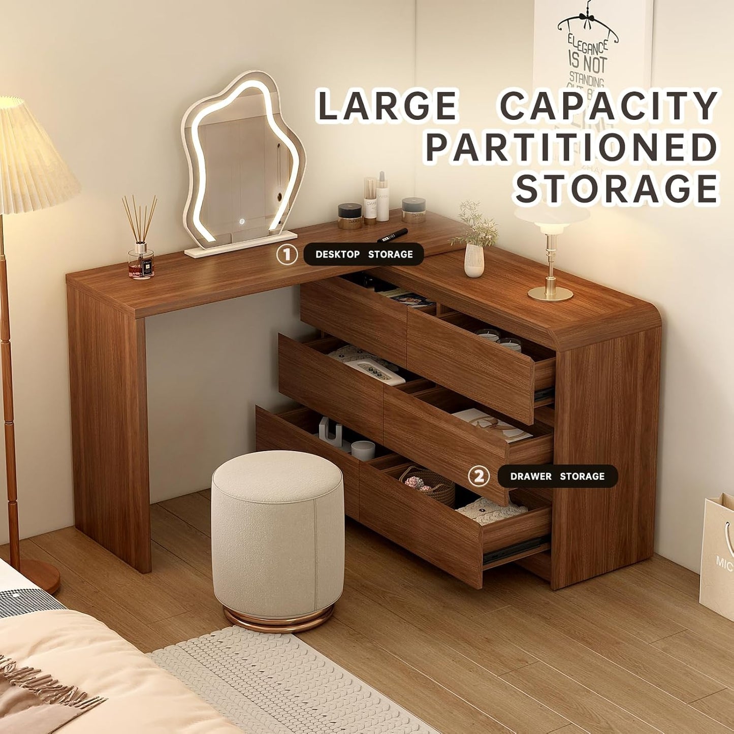 Makeup Vanity Desk with Touch Screen Mirror, Bedroom Elegant Dressing Table for Women with 6-Drawer Rounded Corners Storage Cabinet, 50-94 in Adjustable Sturdy Vanity Table Set with Chair, Brown