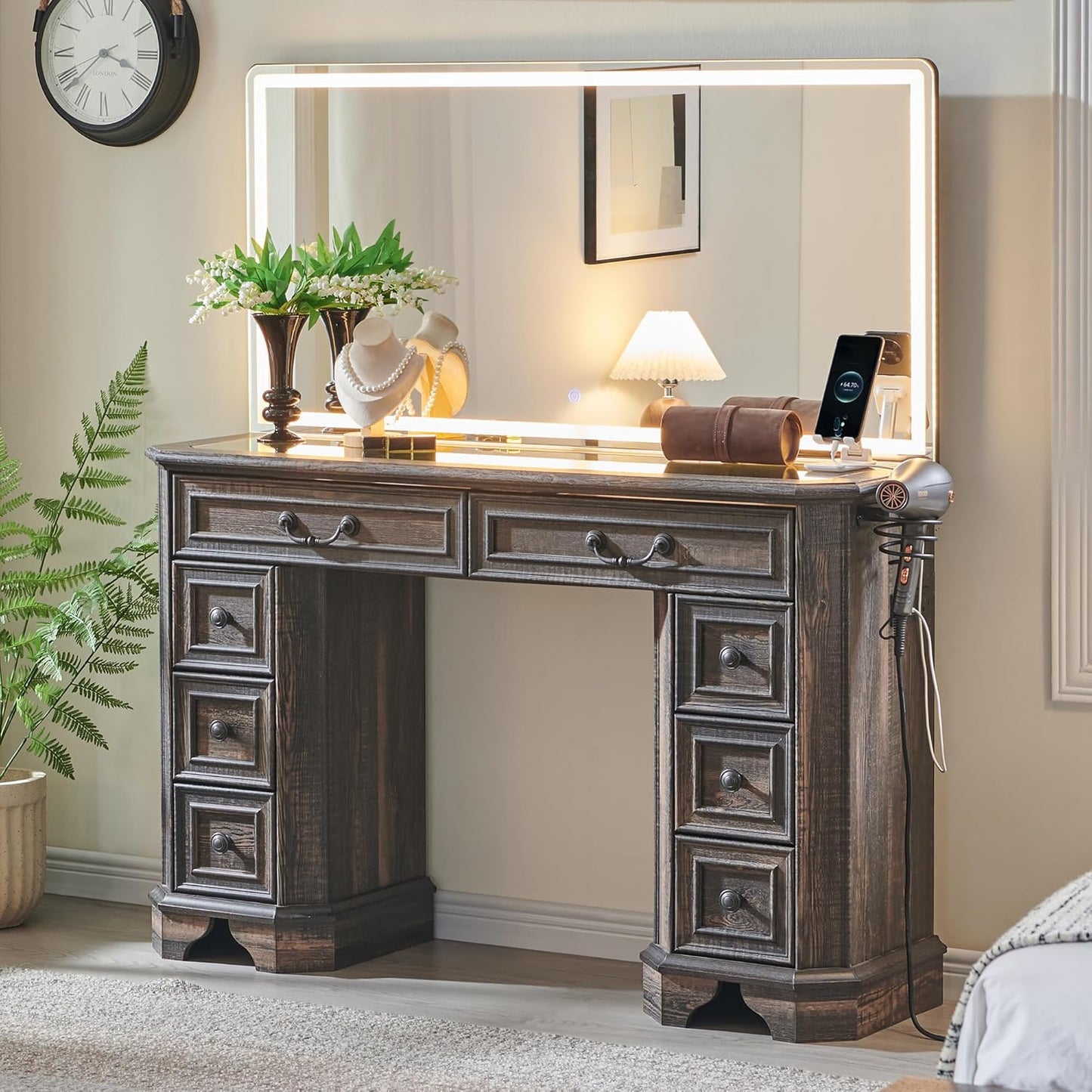 Vanity Desk with Mirror and Lights, 48'' LED Lights Farmhouse Makeup Vanity with 8 Drawers, Vanity Table with 3 Color Modes, Dressing Table with Glass Top and Power for Bedroom(Light Rustic Oak)