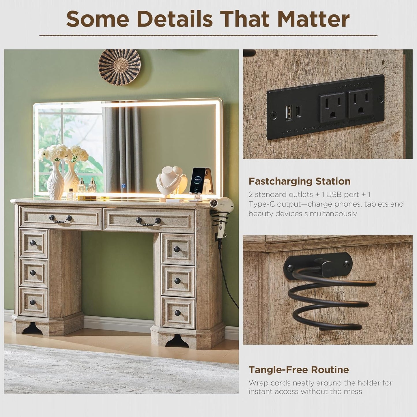 Vanity Desk with Mirror and Lights, 48'' LED Lights Farmhouse Makeup Vanity with 8 Drawers, Vanity Table with 3 Color Modes, Dressing Table with Glass Top and Power for Bedroom(Light Rustic Oak)