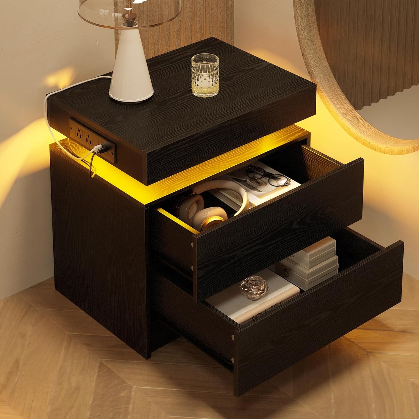 LIKIMIO Night Stand Set of 2, Modern Black Nightstand with with Charging Station, Bedside Tables with LED Light and Drawers, End Table for Bedroom, Livingroom