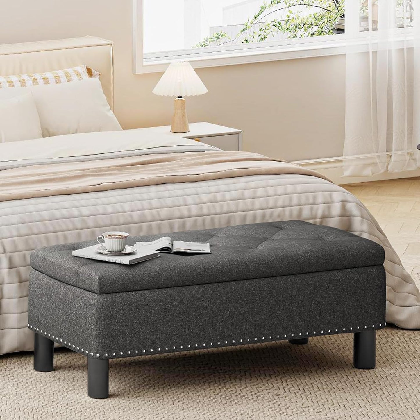 Furniliving Storage Ottoman Bench, Leather Benches End of Bed Bench with Solid Wood Legs Upholstered Ottoman Bench with Storage Indoor Bench for Living Room with Rolled Arm, Entryway, YellowBrown