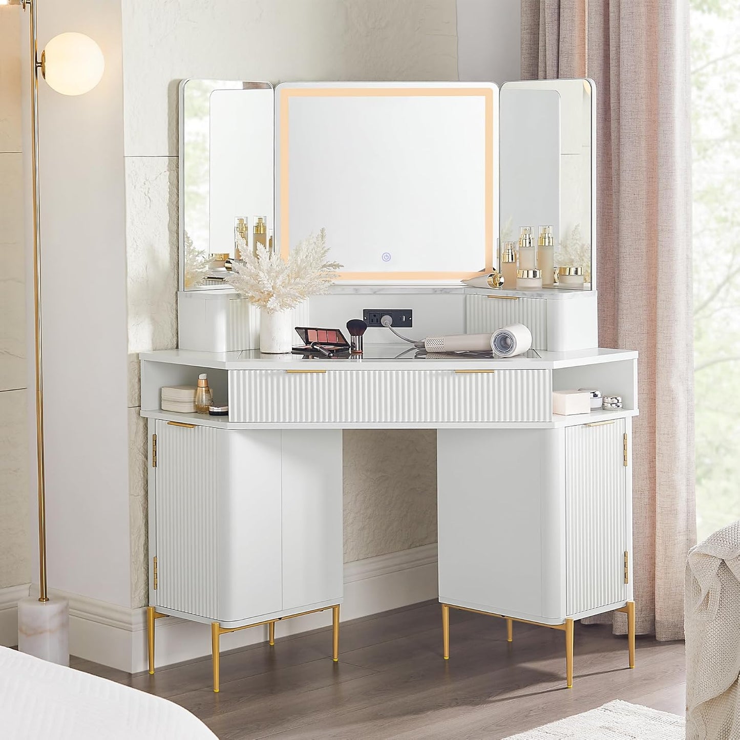 T4TREAM 48'' Fluted Makeup Vanity Desk with HD Triple Mirror and Lights, Large Lighted Corner Vanity with Glass Top, Modern Dressing Table with 3 Drawers & 2 Cabinets for Bedroom, Natural Oak