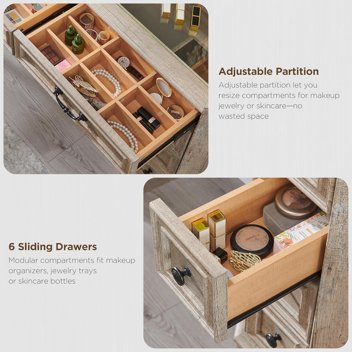 Vanity Desk with Mirror and Lights, 48'' LED Lights Farmhouse Makeup Vanity with 8 Drawers, Vanity Table with 3 Color Modes, Dressing Table with Glass Top and Power for Bedroom(Light Rustic Oak)