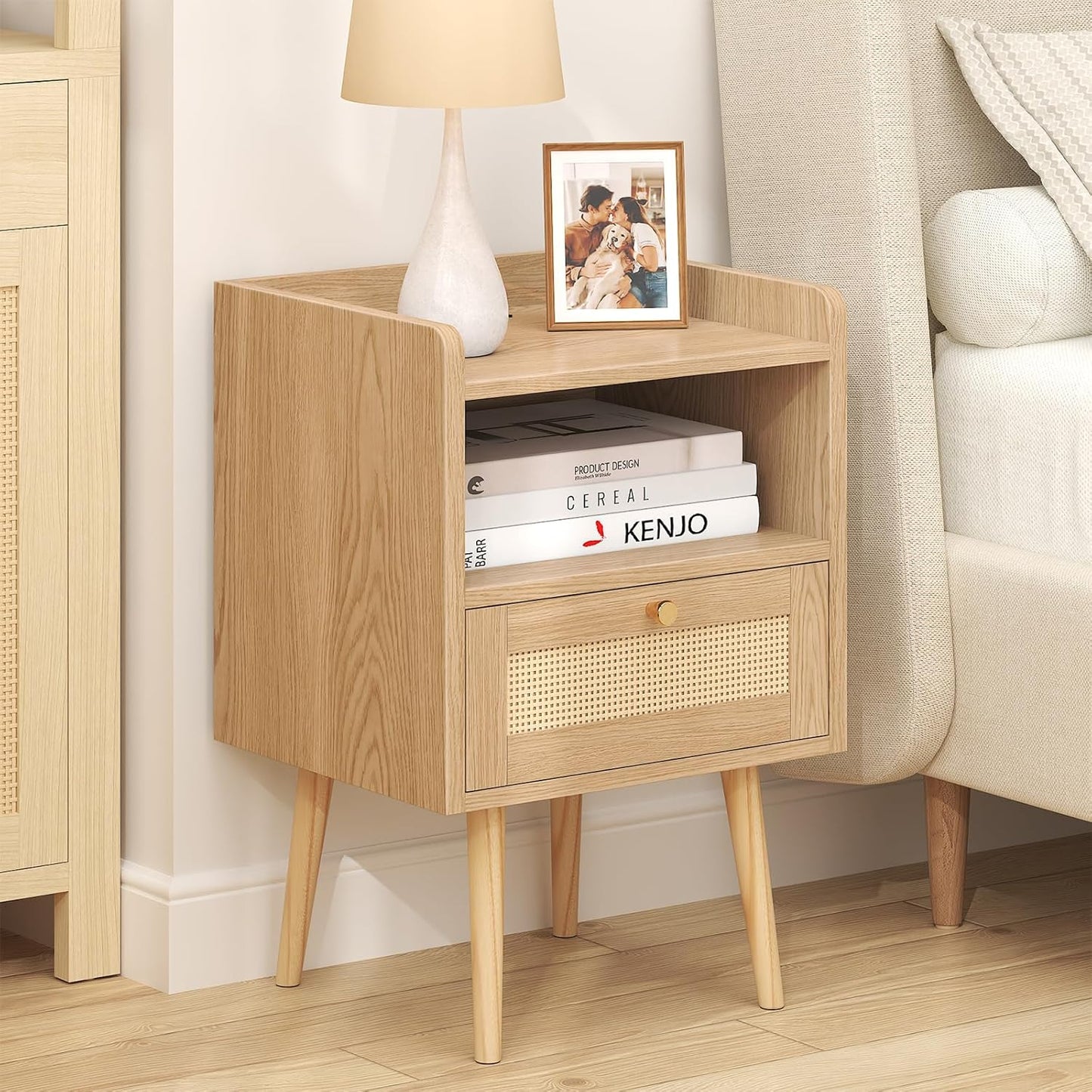 Rattan Nightstand with Charging Station, Mid Century Modern Bed Side Table, Boho End Table with Wood Legs, Bedside Tables for Farmhouse Bedroom Living Room Dorm Sofa Couch Office Corner (2, Natural)