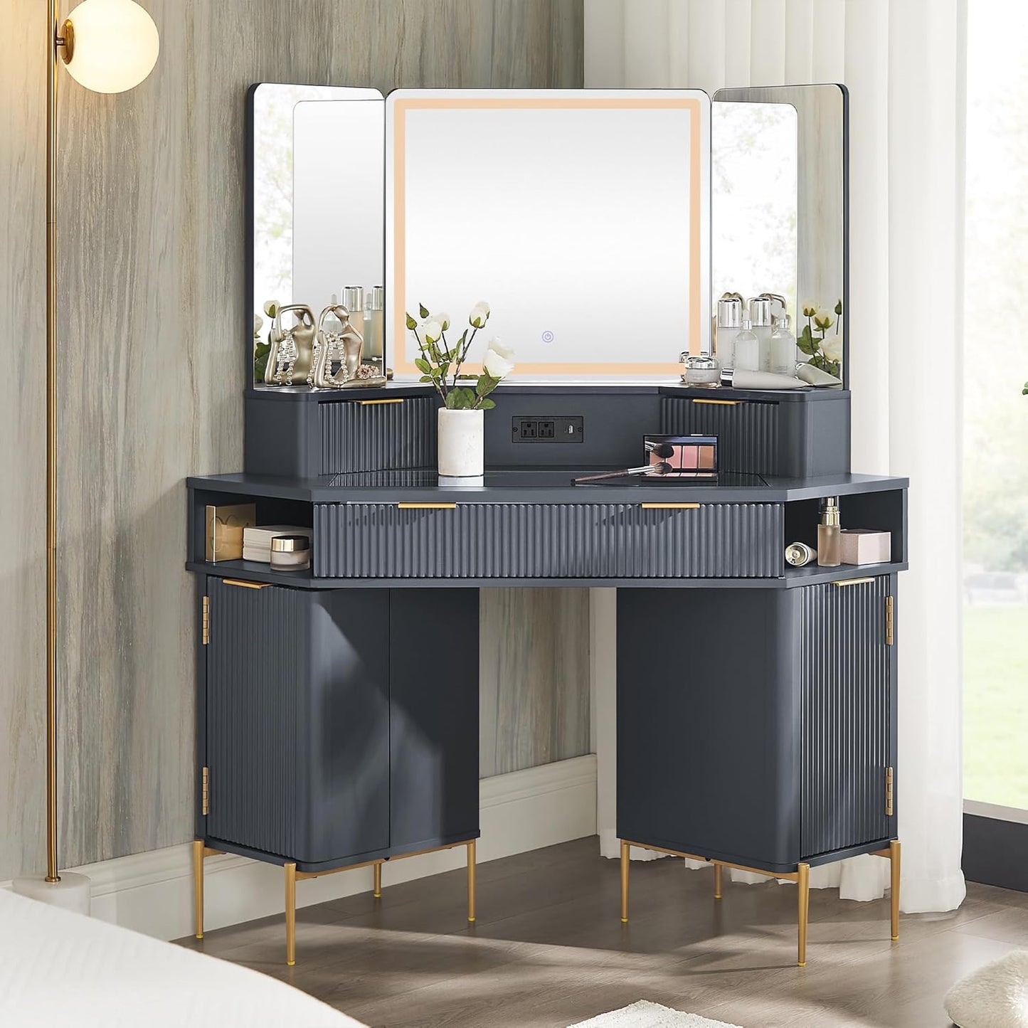 T4TREAM 48'' Fluted Makeup Vanity Desk with HD Triple Mirror and Lights, Large Lighted Corner Vanity with Glass Top, Modern Dressing Table with 3 Drawers & 2 Cabinets for Bedroom, Natural Oak