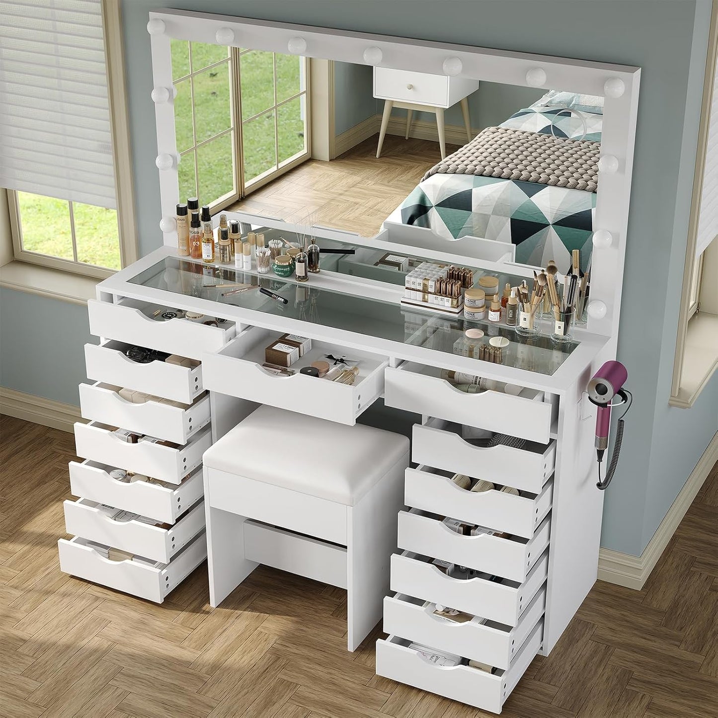 Vanity Desk with Mirror and Lights, Makeup Table with Charging Station, 3 Color Lighting Modes, 15 Drawers Dressing Table, Vanity with Chair for Bedroom, White