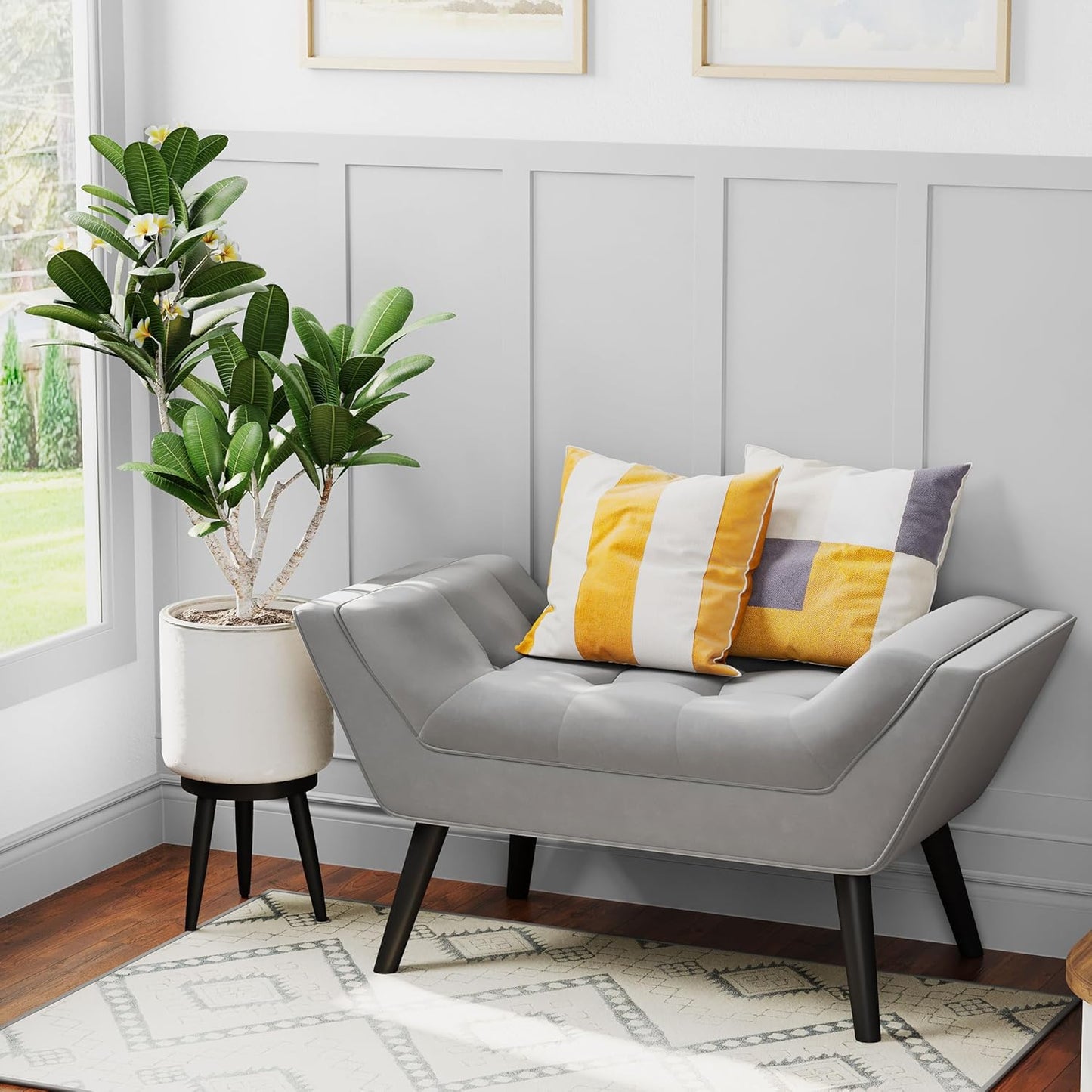 Andeworld Upholstered Tufted Small Cute Bench Ottoman for Entryway Foyer Bathroom Vanity Bedroom (One Seater, Velvet Grey)