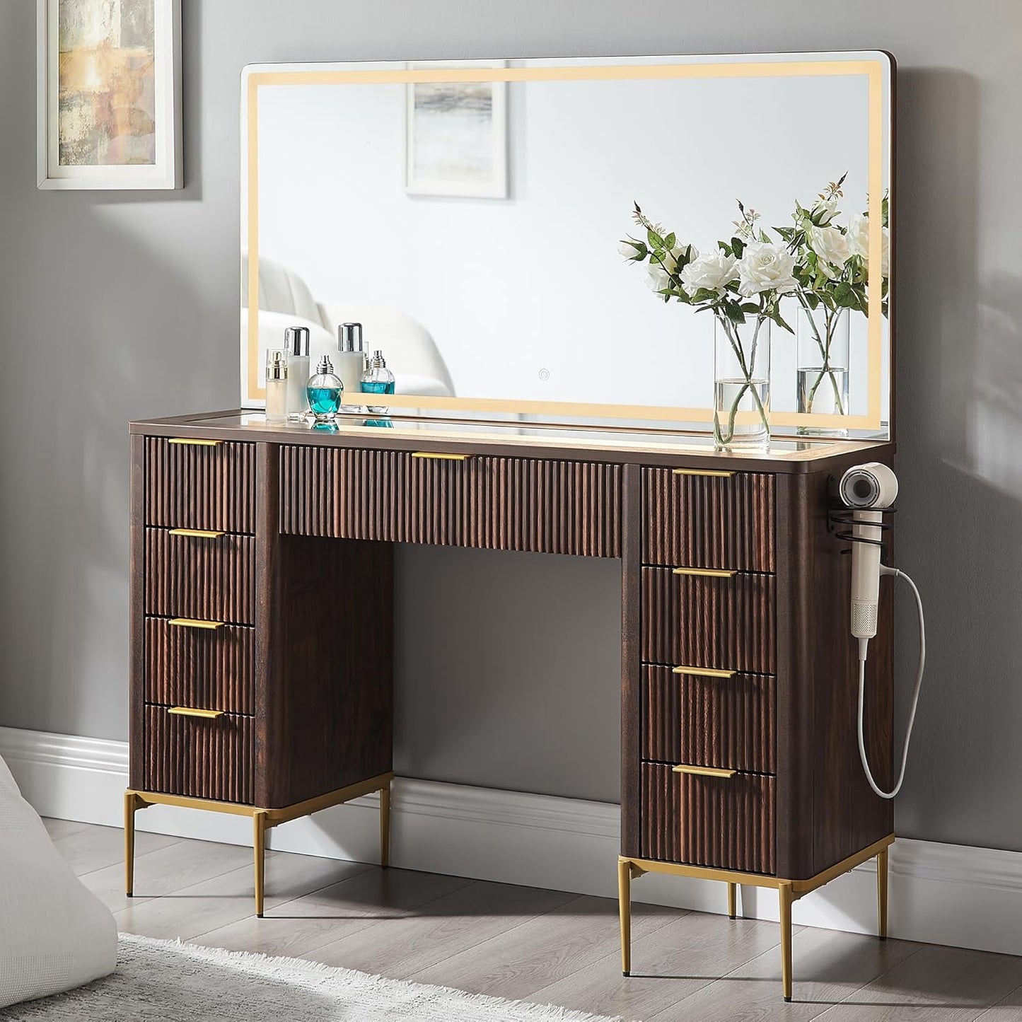 T4TREAM 48" Fluted Makeup Vanity Desk with 48" Large Mirror and HD Lights, Modern Vanity Table with 9 Drawers & Charging Station, Glass Top and Golden Handles Dressing Table for Bedroom,Natural Oak