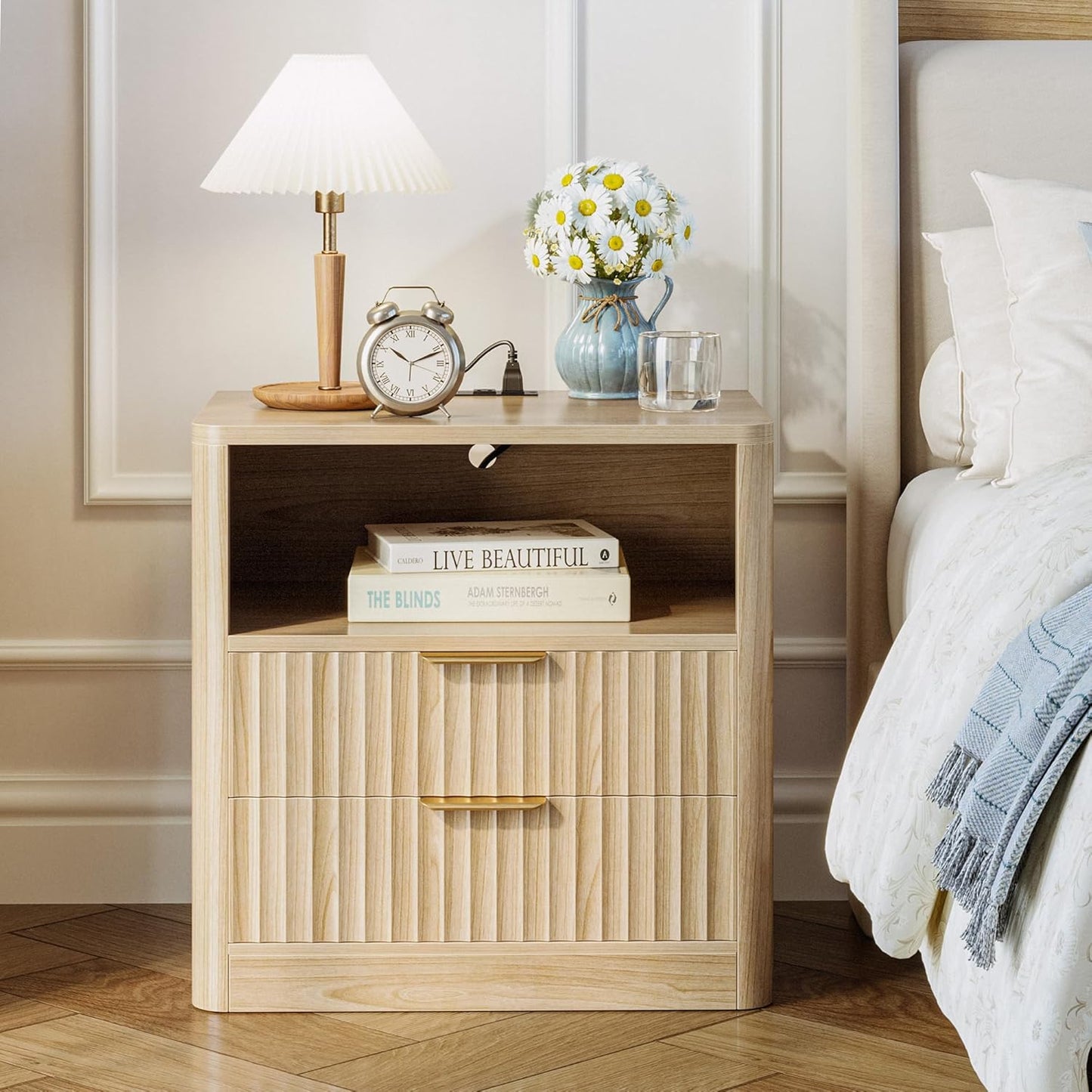 IRONCK Fluted Night Stand Set of 2, Modern Nightstand with Charging Station, Drawers and Open Shelves - Bedside Table Wood Side Table Set for Bedroom