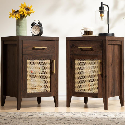 SICOTAS Tall Nightstands Set of 2 with Drawer, Mid Century Modern Wooden Night Stand Rustic Bedside Tables with Storage, Vintage End Tables with Metal Mesh Door for Bedroom, Espresso Walnut
