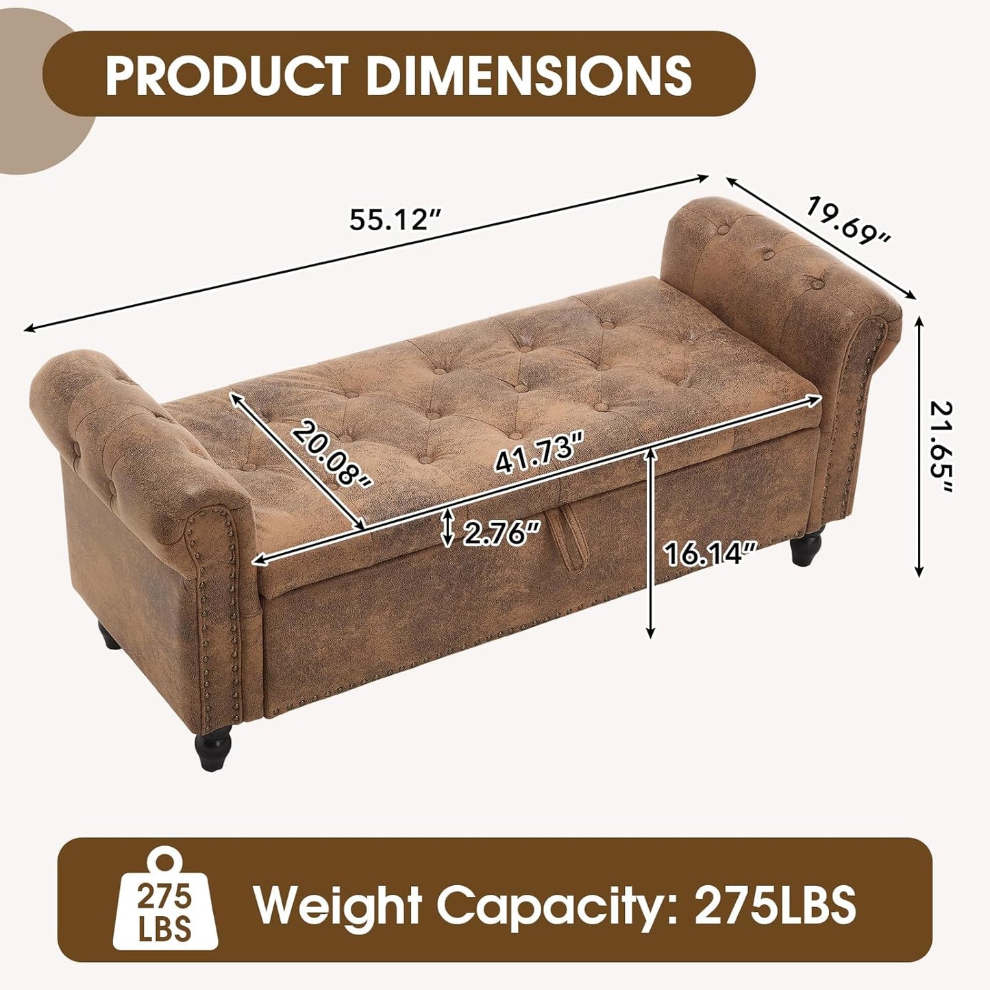 NIOIIKIT 55" Retro Storage Ottoman Bench with Gold Rivet Trim, Suede Upholstered Bed Bench, Tufted Entryway Bench with Rolled Armrest, End Bed Bench for Bedroom, Dressing Room (Coffee Suede)