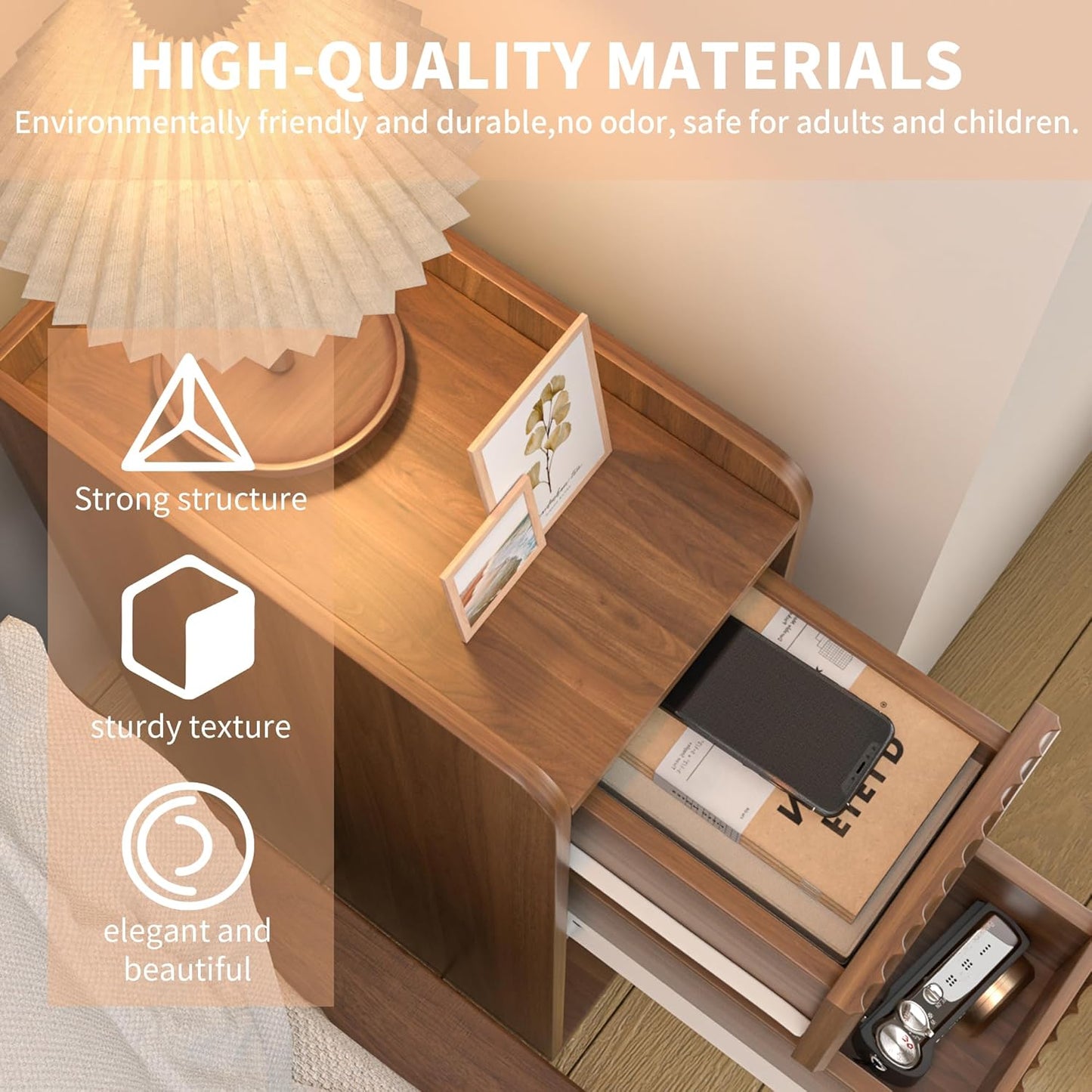 Narrow Fluted Nightstand Set of 2, Wooden Small 2 Drawer Nightstand, Slim Side End Table, Vintage Bedside Table, Mid Century Modern Night Stand with Drawers, for Living Room, Bedroom, Walnut