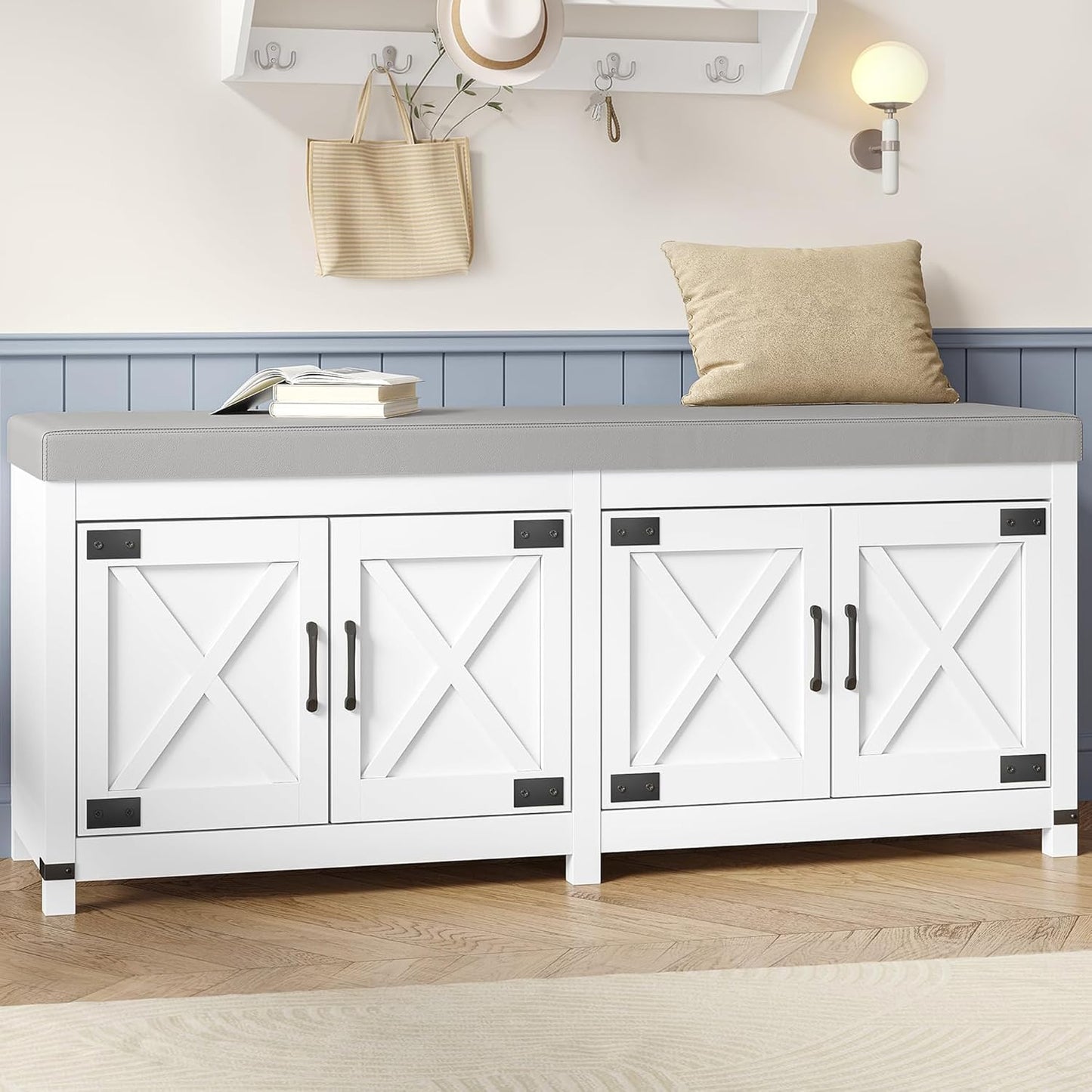 Farmhouse Shoe Storage Bench, 2 Tier Shoe Bench with Padded Seat Cushion & 4 Barn Doors, 59" Entryway Bench with Adjustable Shelf, Shoe Cabinet for Living Room, Bedroom, White SB31503GY