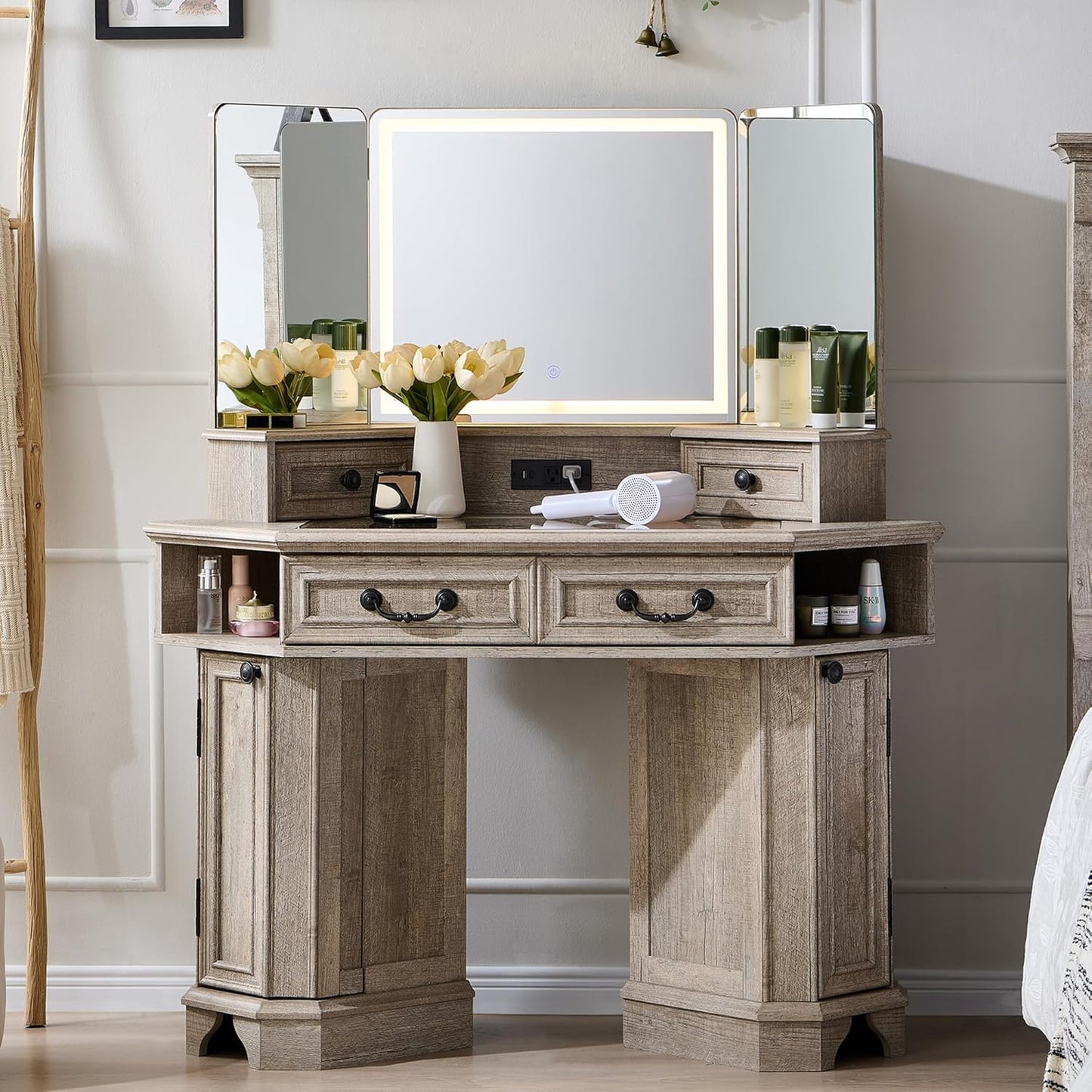 T4TREAM Makeup Vanity Desk 48" with 3 Way Mirror and Lights, Large Farmhouse Corner Vanity Dressing Table with Glass Top & Charging Station, 3 Drawers & 2 Storage Cabinets for Bedroom, Antique White