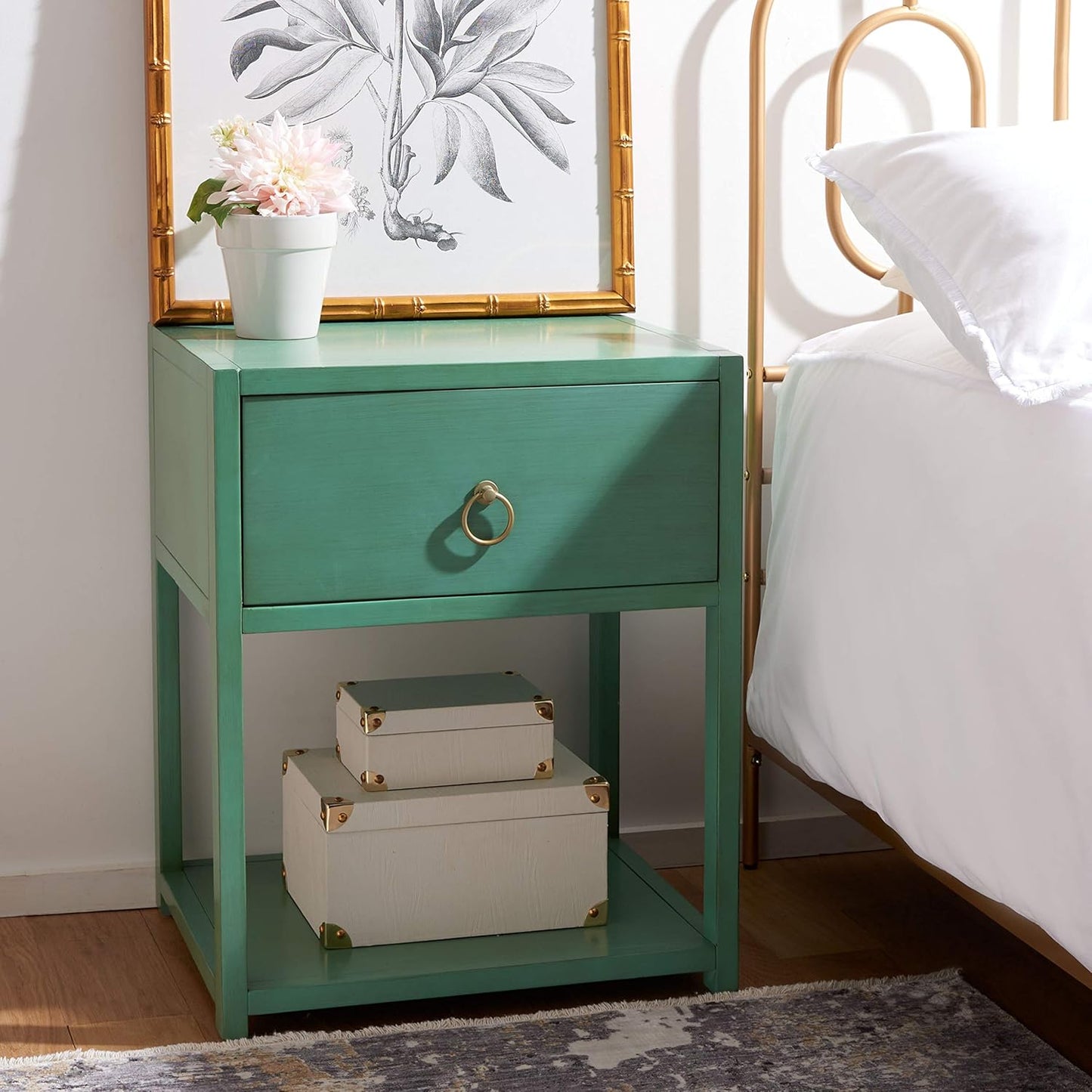 Safavieh Home Collection Yudi Antique White and Gold 1-Drawer Nightstand