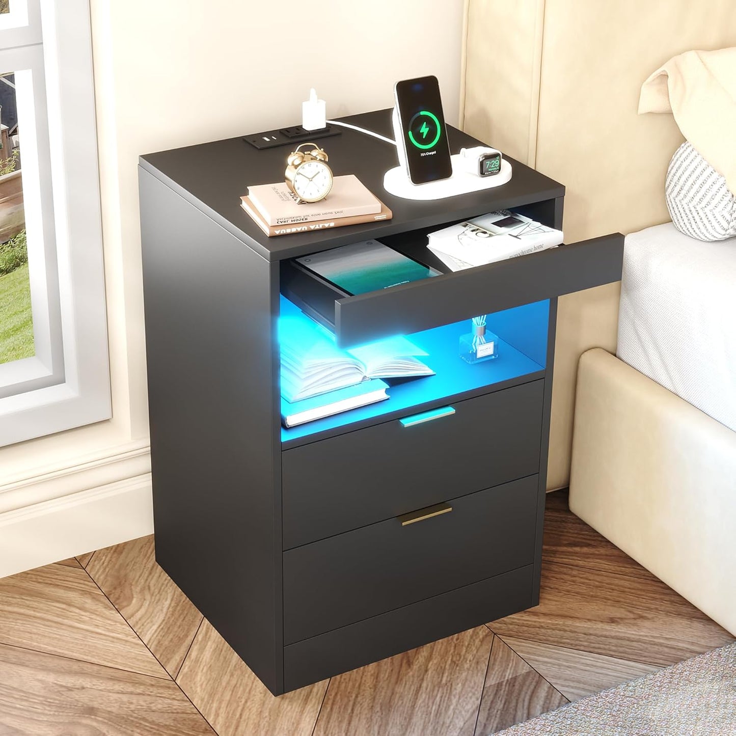 Gadroad LED Nightstand with Charging Station, Bedside Table with 3 Drawers and LED Lights, End Table Sofa Couch Side Table with Pull-Out Shelf, White