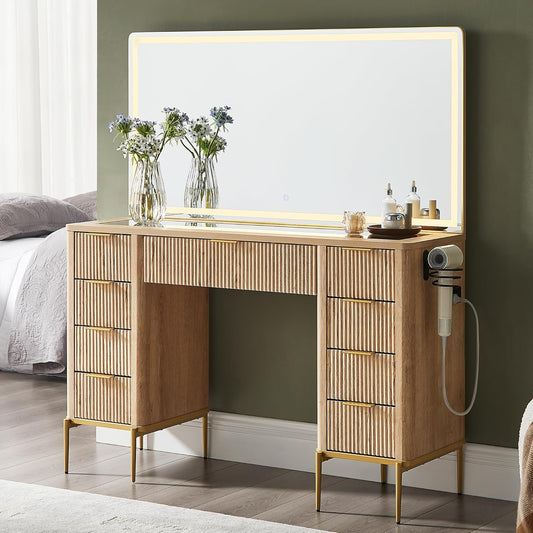 T4TREAM 48" Fluted Makeup Vanity Desk with 48" Large Mirror and HD Lights, Modern Vanity Table with 9 Drawers & Charging Station, Glass Top and Golden Handles Dressing Table for Bedroom,Natural Oak