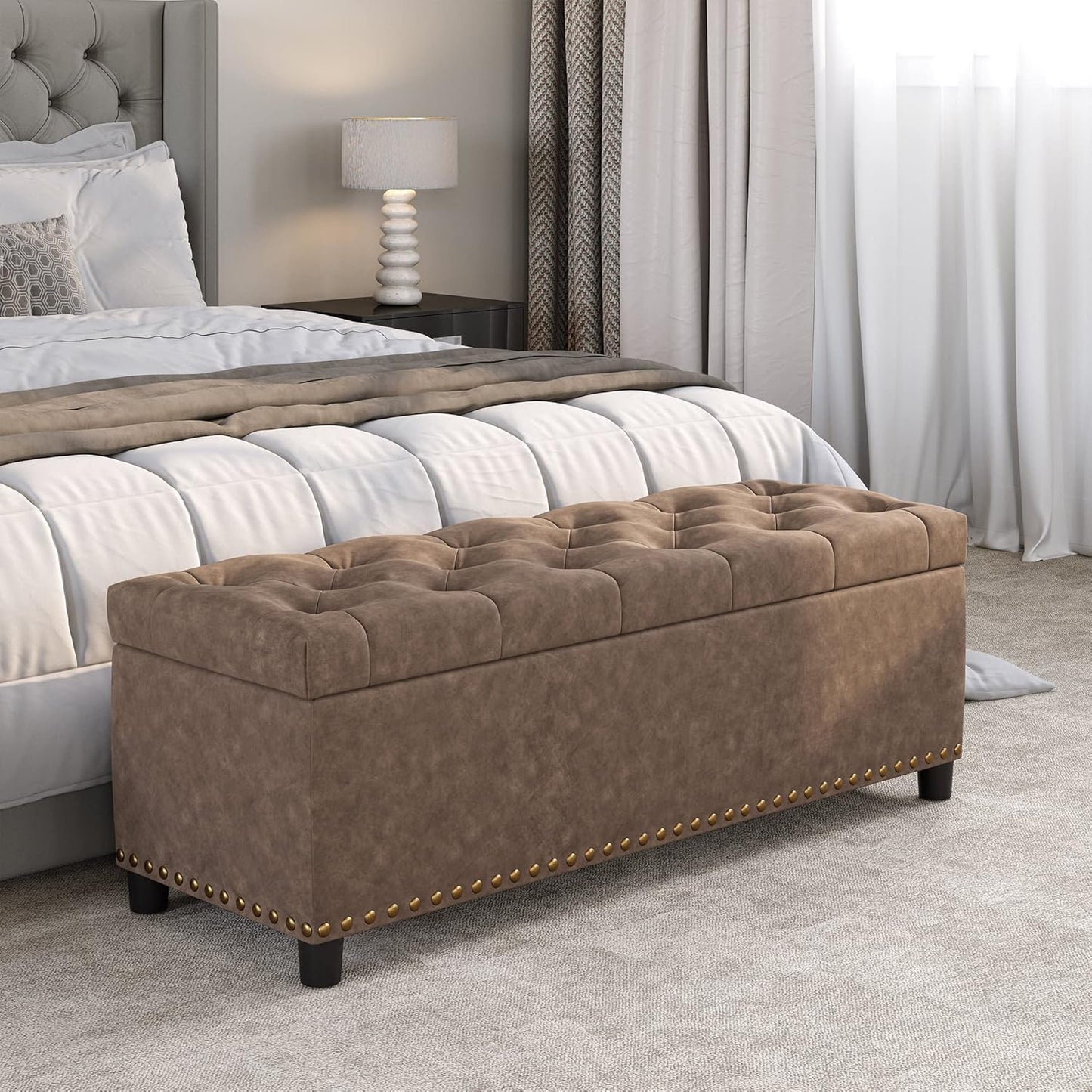 BELLEZE 47" Storage Ottoman, Storage Bench with Safety Close Hinge, Linen Button-Tufted Ottoman for Living Room, Entryway, Hallway, Foot Rest, Support 300lbs - Gray