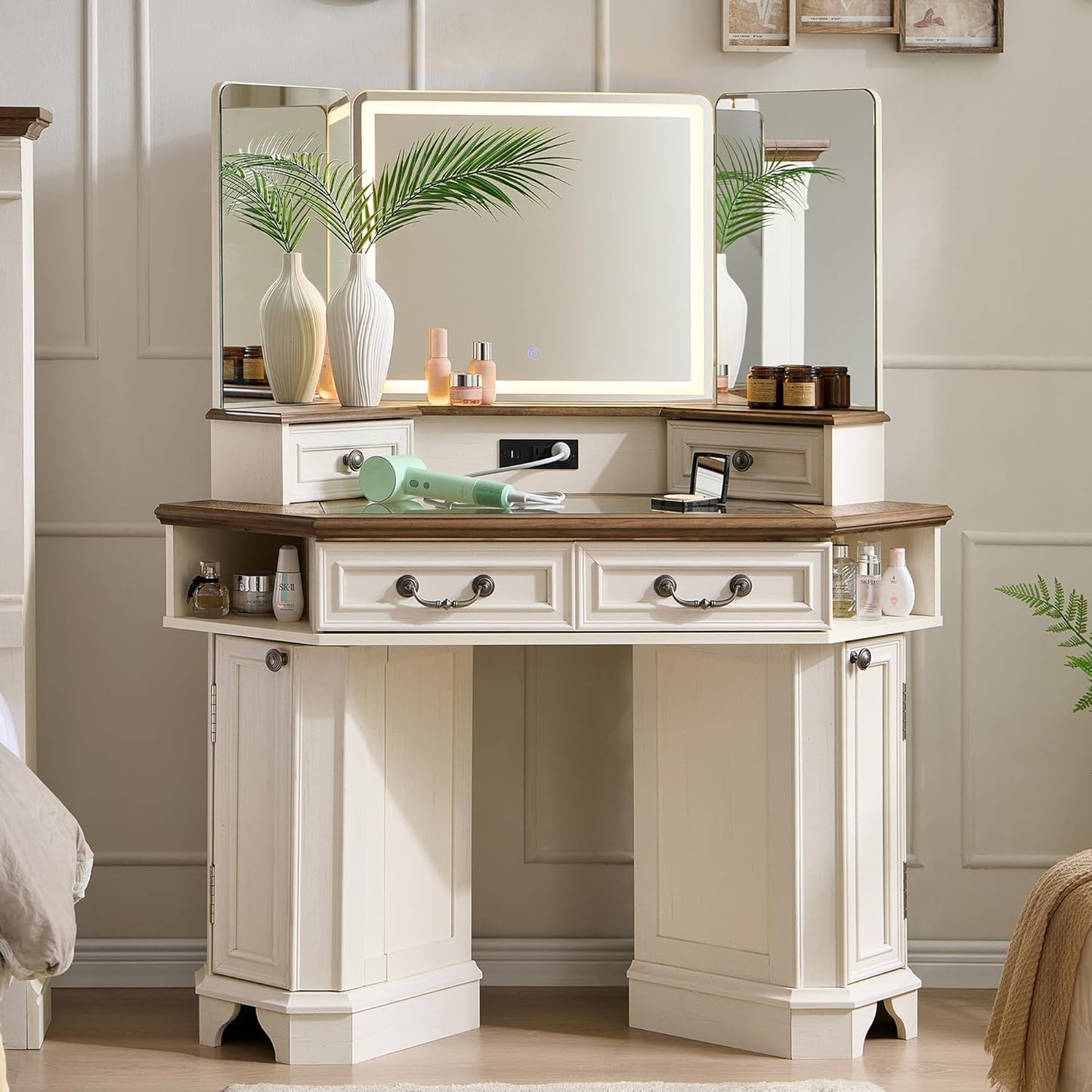 T4TREAM Makeup Vanity Desk 48" with 3 Way Mirror and Lights, Large Farmhouse Corner Vanity Dressing Table with Glass Top & Charging Station, 3 Drawers & 2 Storage Cabinets for Bedroom, Antique White