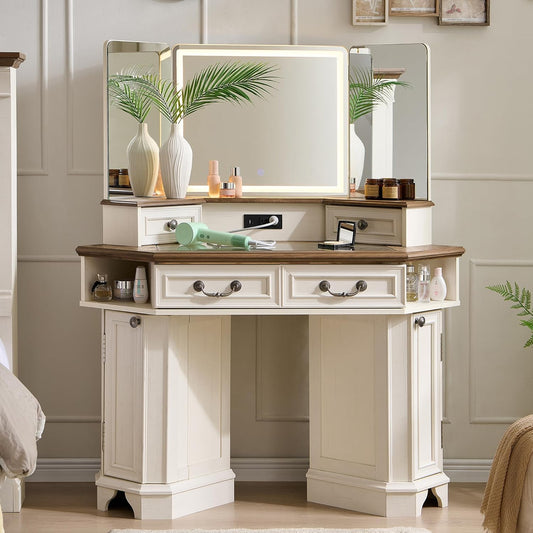 T4TREAM Makeup Vanity Desk 48" with 3 Way Mirror and Lights, Large Farmhouse Corner Vanity Dressing Table with Glass Top & Charging Station, 3 Drawers & 2 Storage Cabinets for Bedroom, Antique White