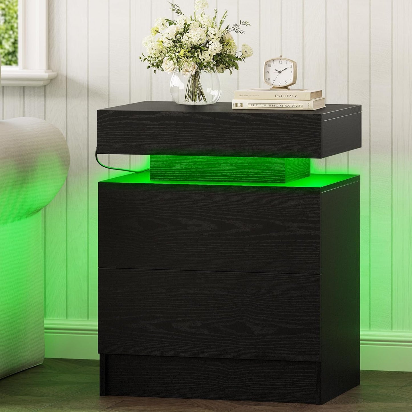 LIKIMIO Night Stand Set of 2, Modern Black Nightstand with with Charging Station, Bedside Tables with LED Light and Drawers, End Table for Bedroom, Livingroom