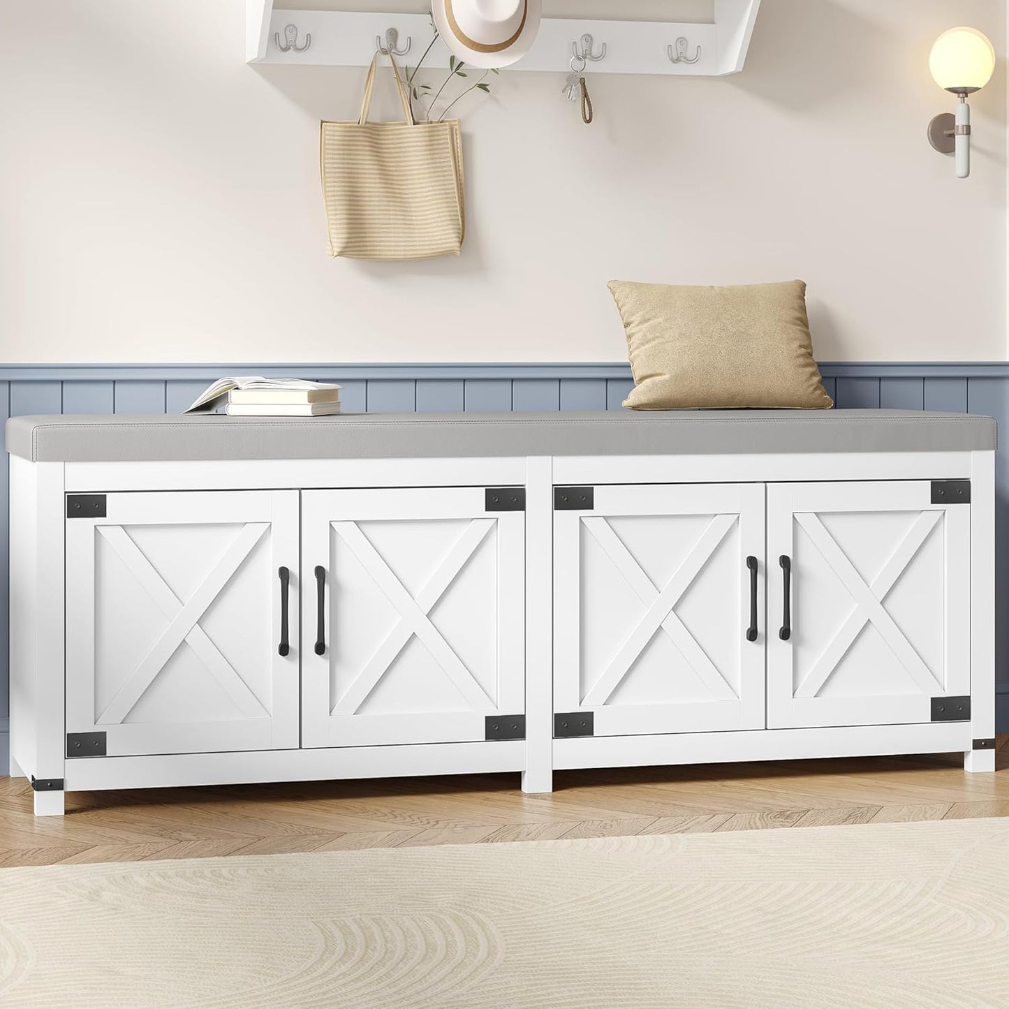Farmhouse Shoe Storage Bench, 2 Tier Shoe Bench with Padded Seat Cushion & 4 Barn Doors, 59" Entryway Bench with Adjustable Shelf, Shoe Cabinet for Living Room, Bedroom, White SB31503GY