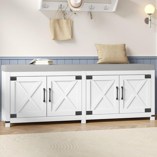 Farmhouse Shoe Storage Bench, 2 Tier Shoe Bench with Padded Seat Cushion & 4 Barn Doors, 59" Entryway Bench with Adjustable Shelf, Shoe Cabinet for Living Room, Bedroom, White SB31503GY