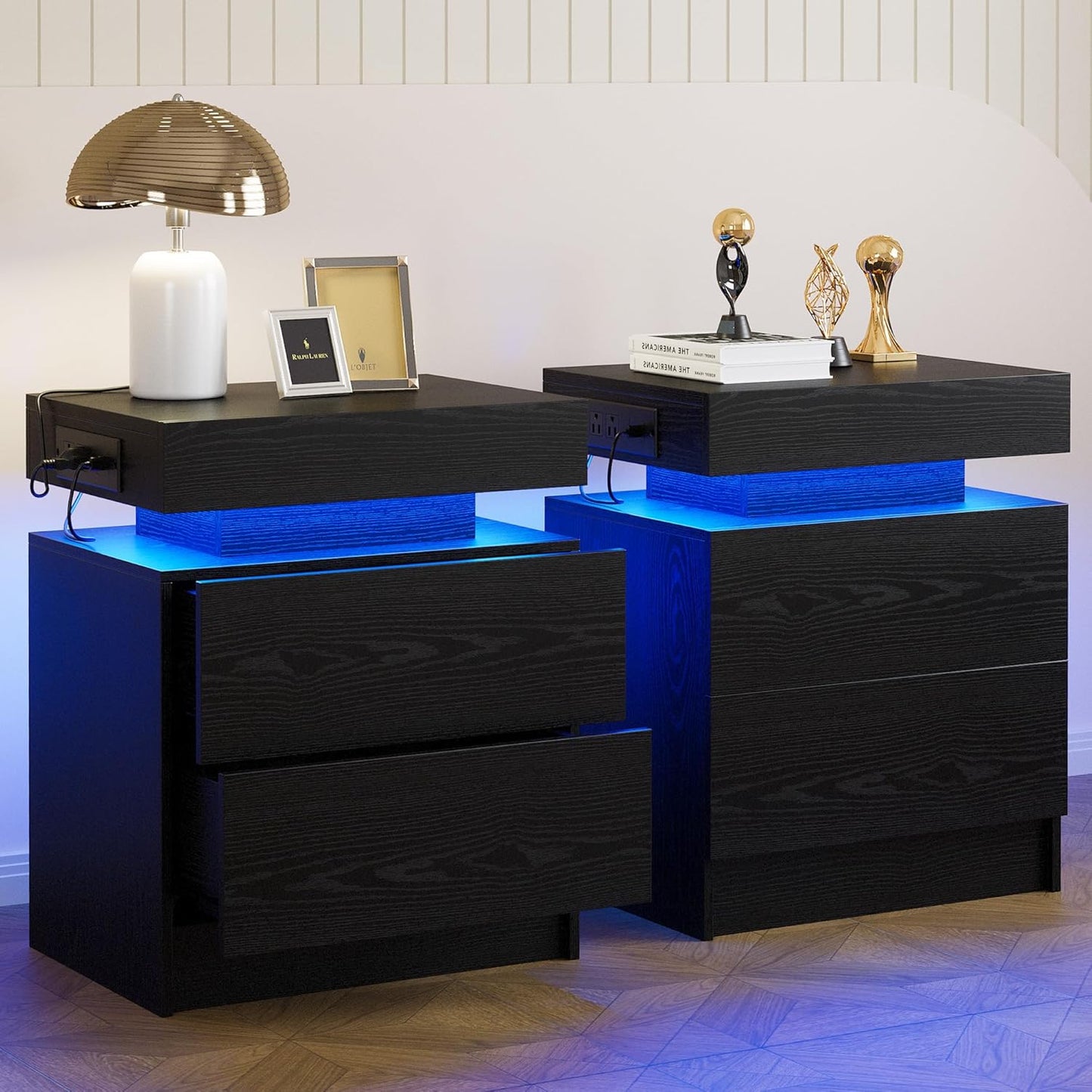 LIKIMIO Night Stand Set of 2, Modern Black Nightstand with with Charging Station, Bedside Tables with LED Light and Drawers, End Table for Bedroom, Livingroom