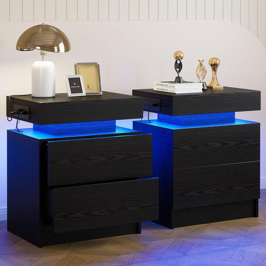 LIKIMIO Night Stand Set of 2, Modern Black Nightstand with with Charging Station, Bedside Tables with LED Light and Drawers, End Table for Bedroom, Livingroom