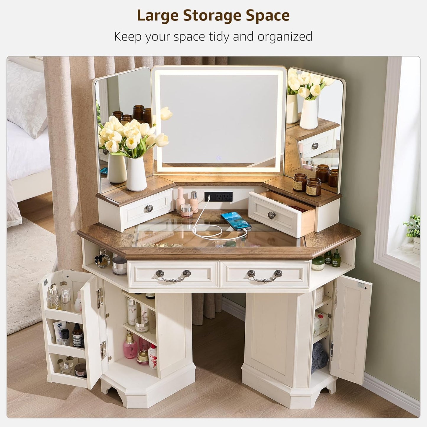 T4TREAM Makeup Vanity Desk 48" with 3 Way Mirror and Lights, Large Farmhouse Corner Vanity Dressing Table with Glass Top & Charging Station, 3 Drawers & 2 Storage Cabinets for Bedroom, Antique White