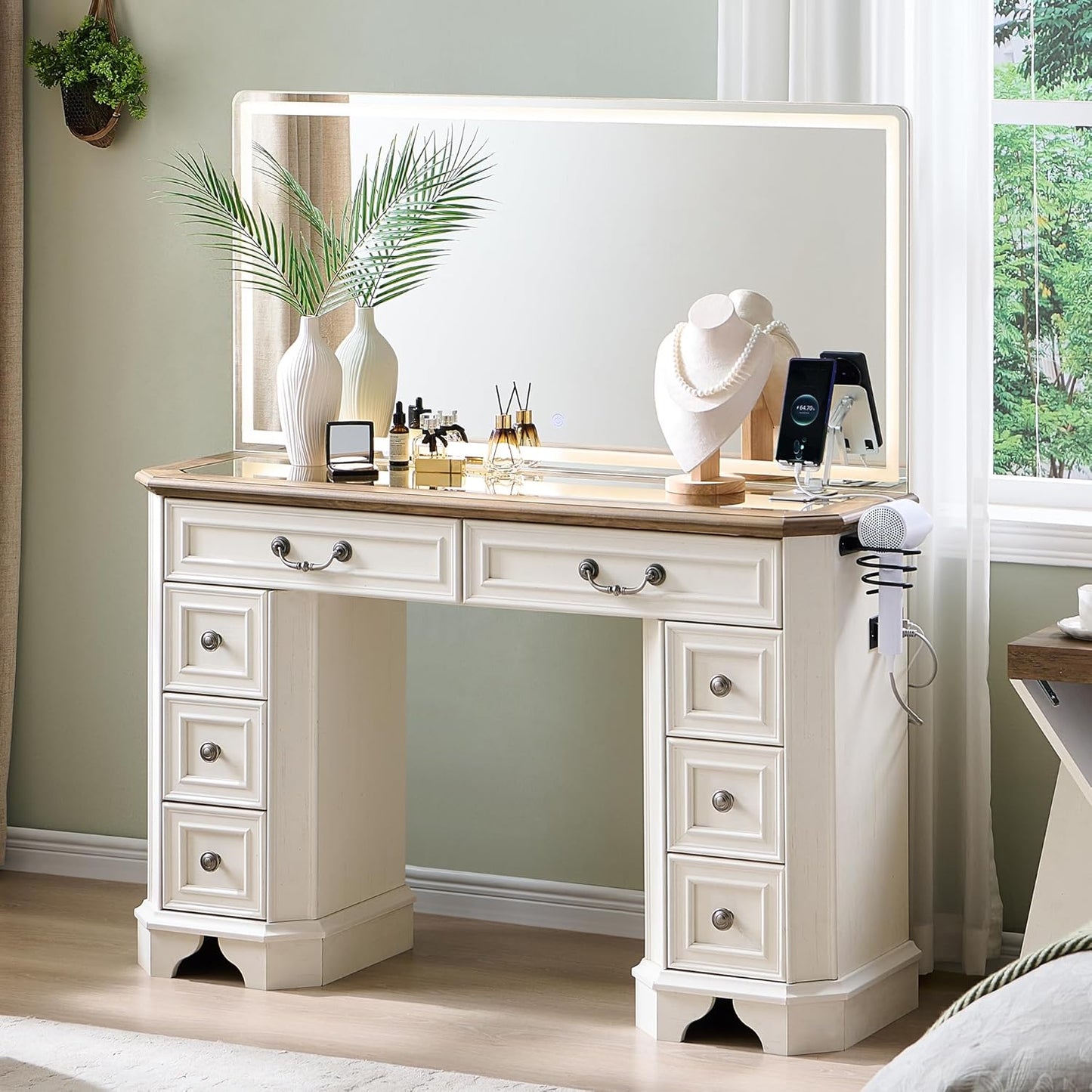 Vanity Desk with Mirror and Lights, 48'' LED Lights Farmhouse Makeup Vanity with 8 Drawers, Vanity Table with 3 Color Modes, Dressing Table with Glass Top and Power for Bedroom(Light Rustic Oak)