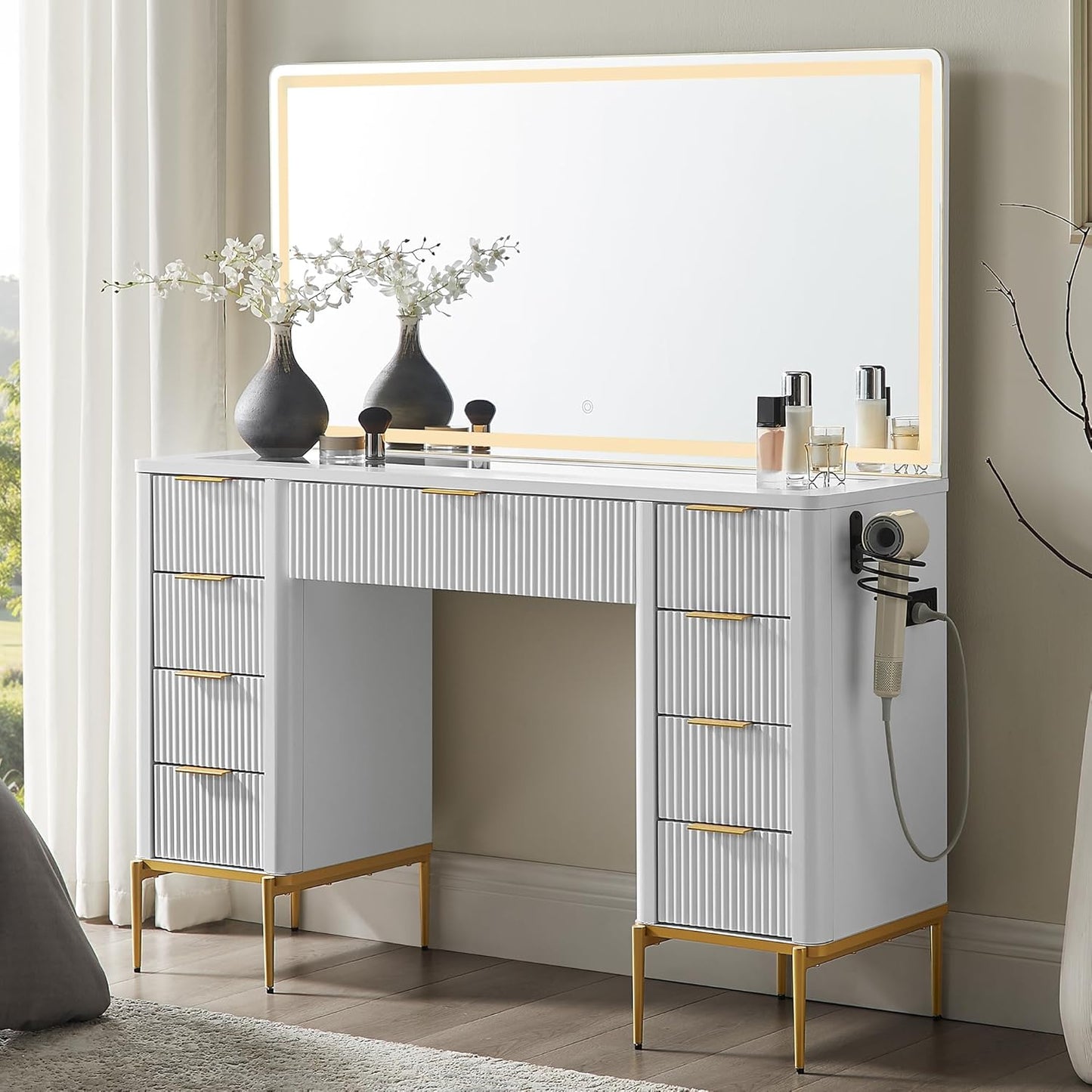 T4TREAM 48" Fluted Makeup Vanity Desk with 48" Large Mirror and HD Lights, Modern Vanity Table with 9 Drawers & Charging Station, Glass Top and Golden Handles Dressing Table for Bedroom,Natural Oak