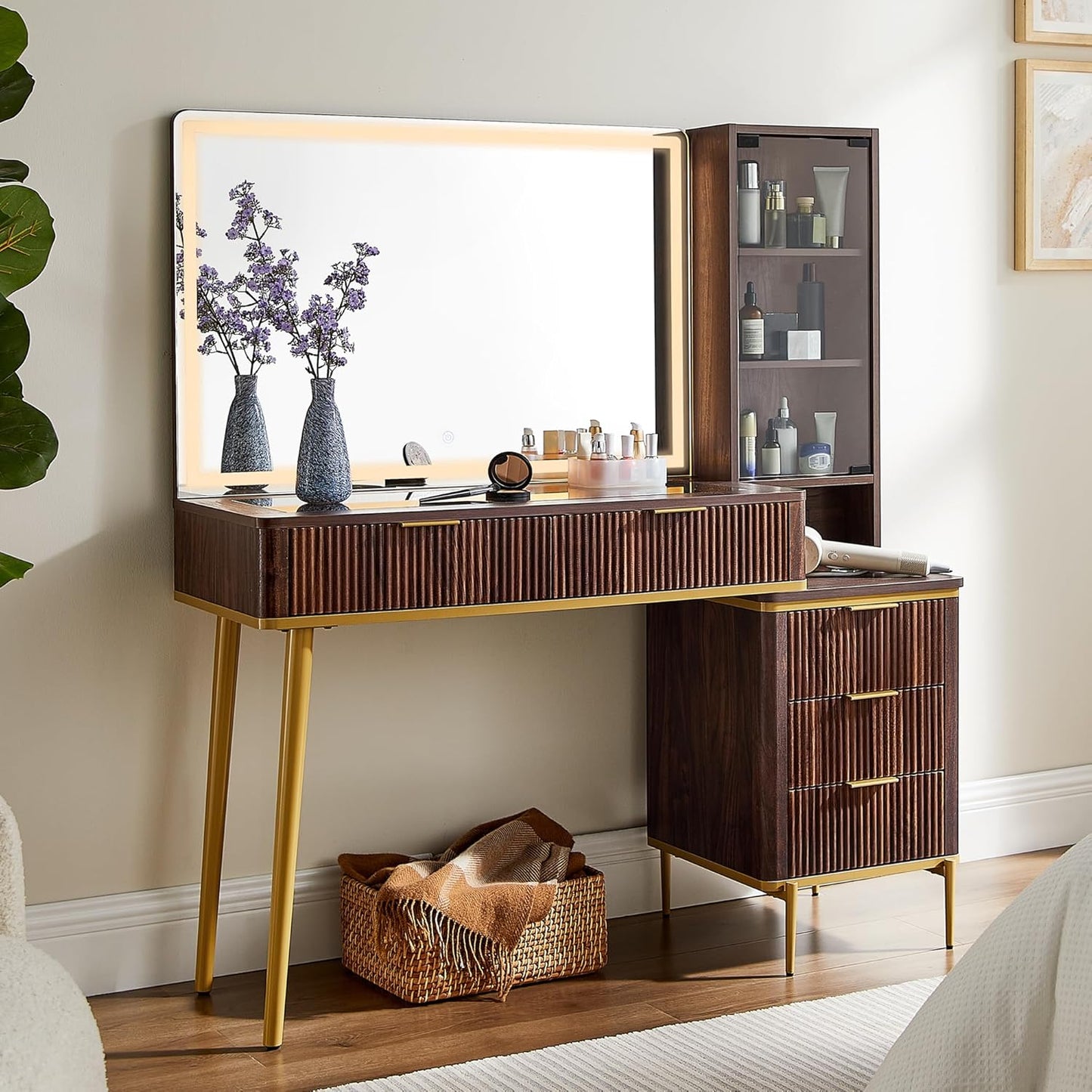 T4TREAM Fluted Makeup Vanity Desk with 36" HD Lighted Mirror, 48" Big Modern Vanity Desk with Mirror and Lights, Dressing Table with 5 Drawers & Shelves, Glass Top for Bedroom (Natural Oak)