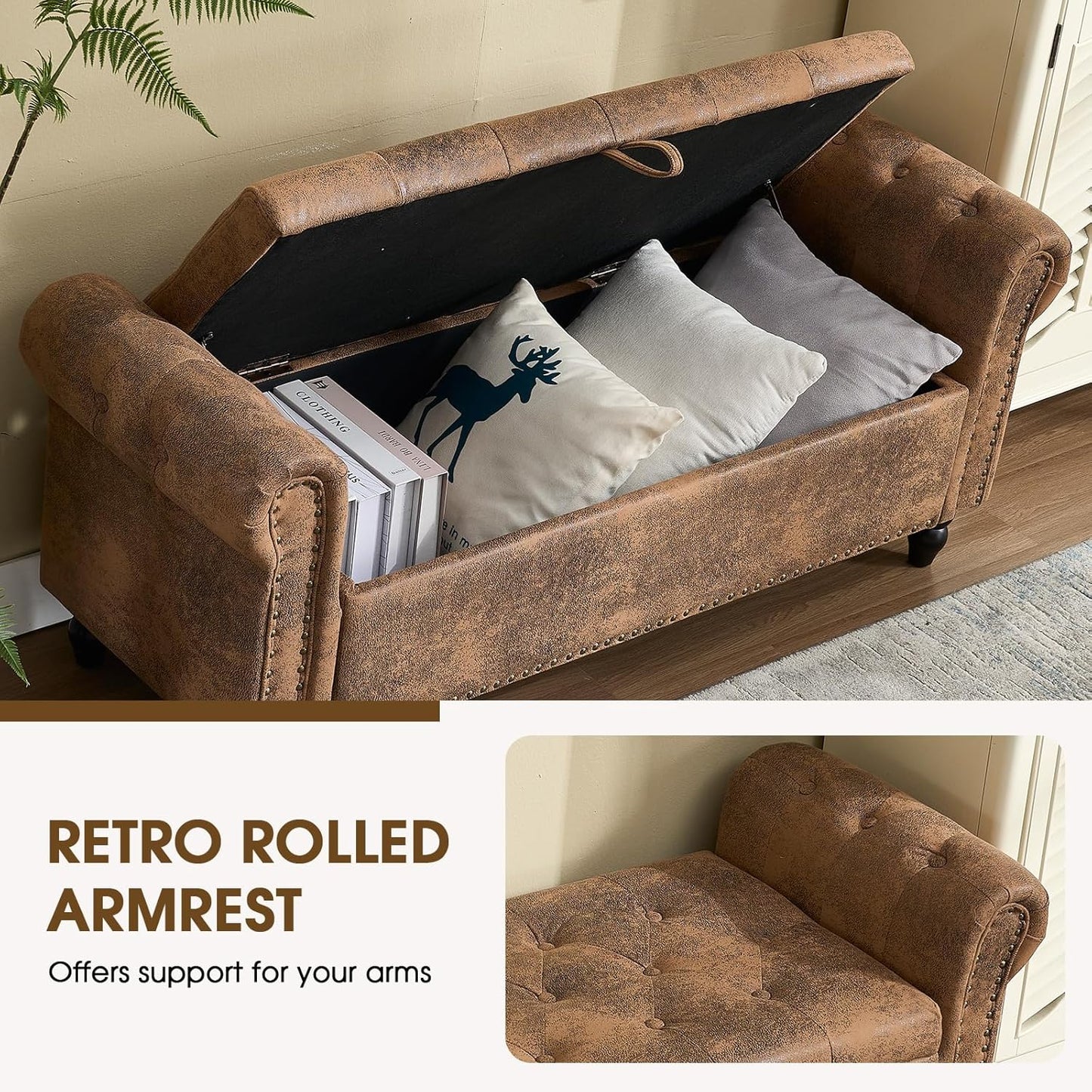 NIOIIKIT 55" Retro Storage Ottoman Bench with Gold Rivet Trim, Suede Upholstered Bed Bench, Tufted Entryway Bench with Rolled Armrest, End Bed Bench for Bedroom, Dressing Room (Coffee Suede)