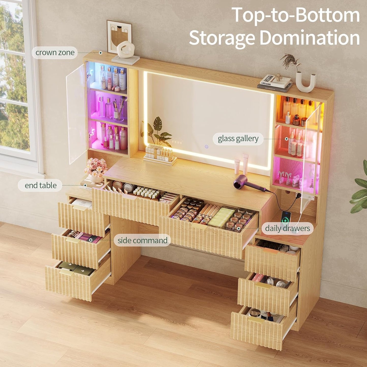 Big Vanity, 59.1" Fluted Wood Makeup Vanity Desk with Mirror and Sound Sync LED Lights, Large Vanity Dressing Table, 8 Drawers, 2 Glass Cabinets, with Charging Station for Girls, Women, Oak